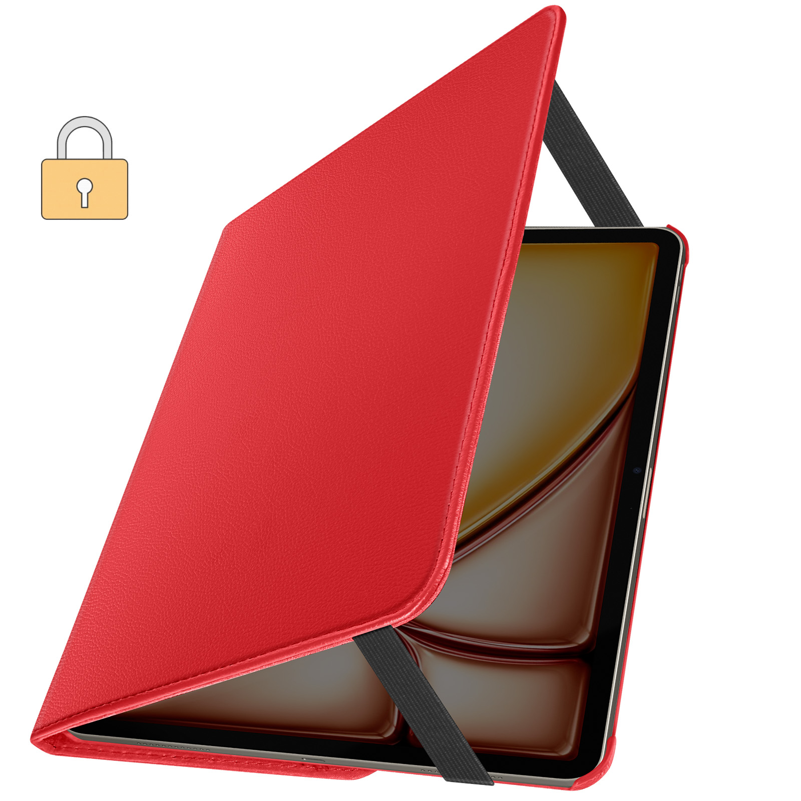 Custodia per tablet rossa, aperta per mostrare lo schermo. Icona lucchetto. Cinturino nero.