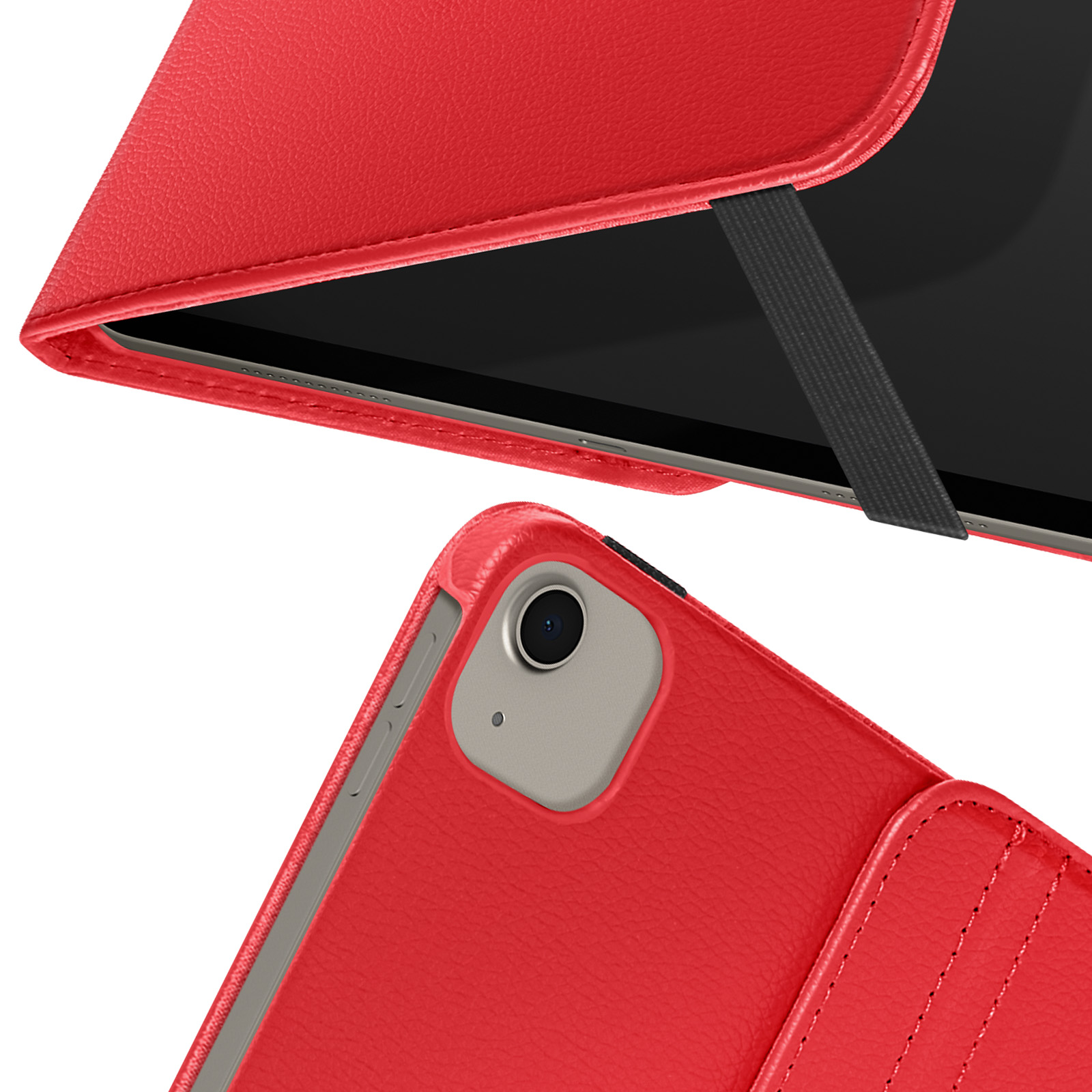 Custodia rossa per tablet, mostra fotocamera e cinturino nero.