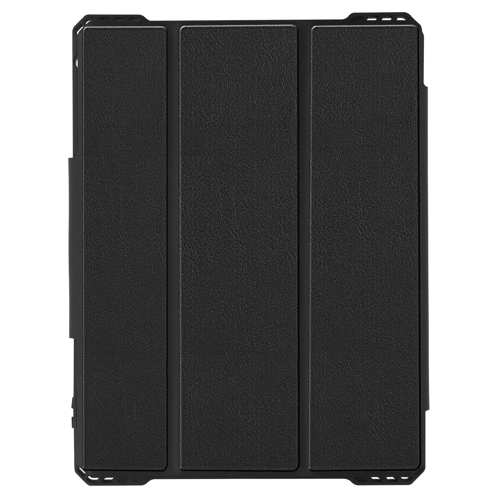 Custodia nera per tablet con tre pannelli, chiusa.