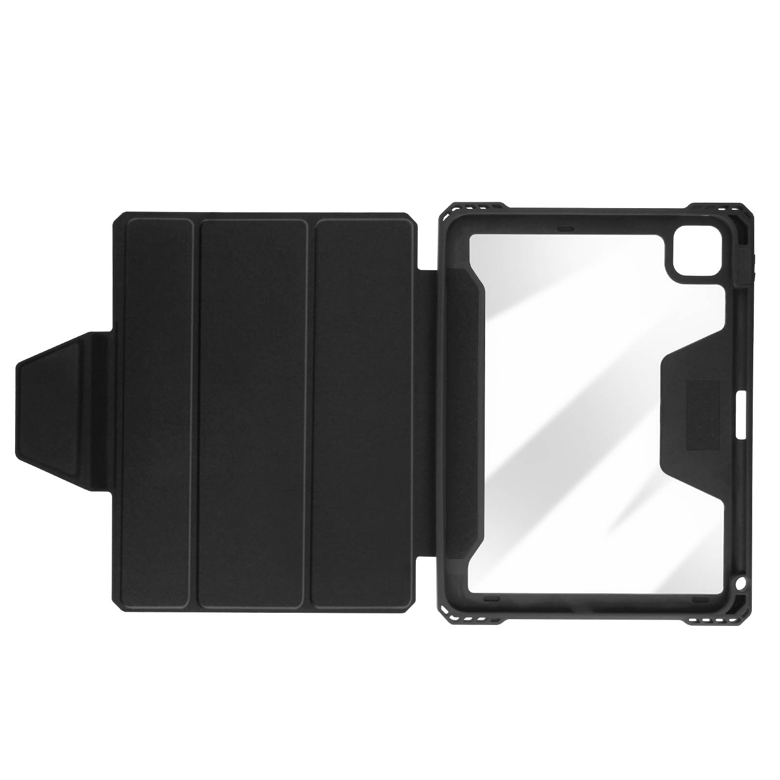 Custodia per tablet nera, aperta, che mostra lo schermo e l'interno.