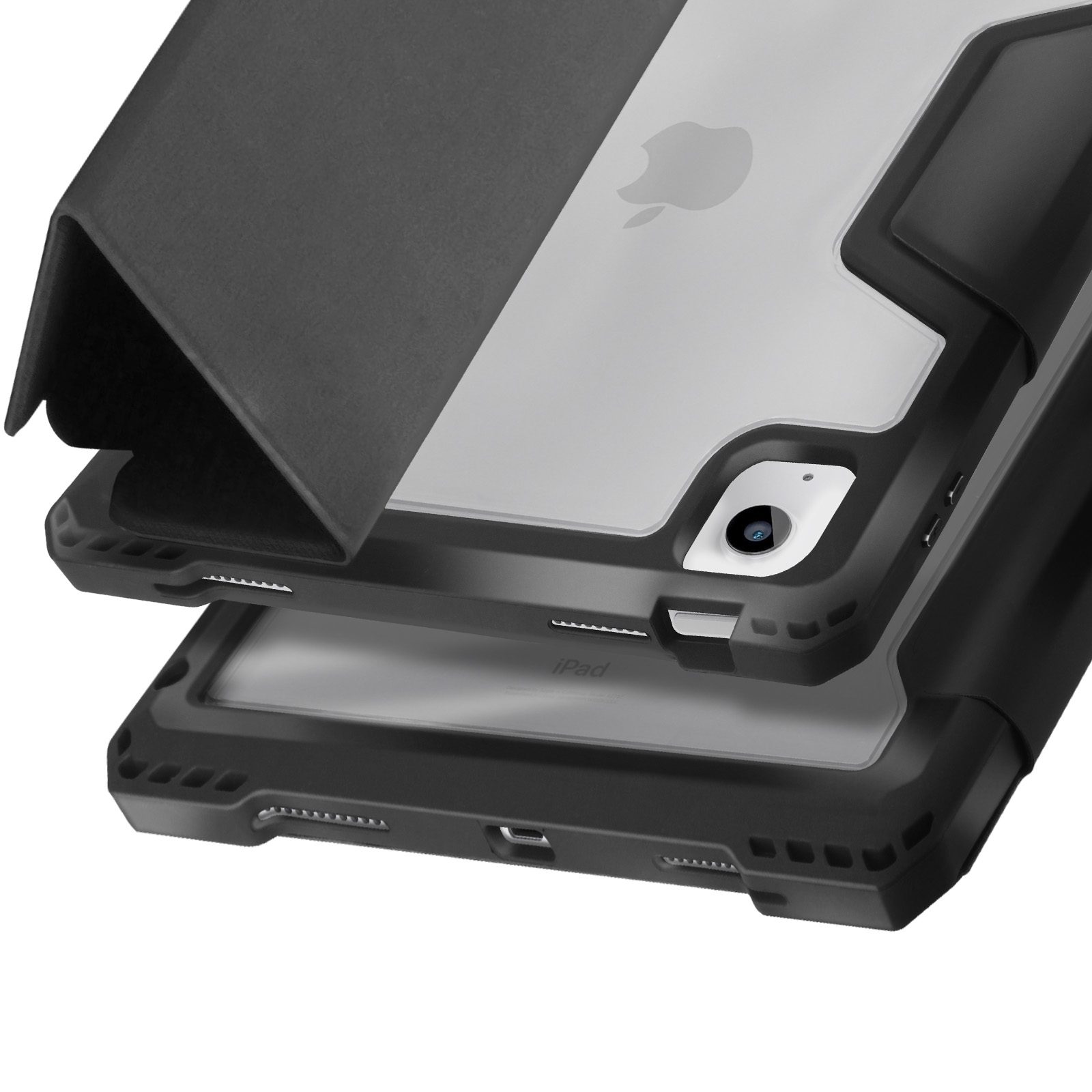 Una custodia per iPad nera e trasparente con un iPad all'interno.