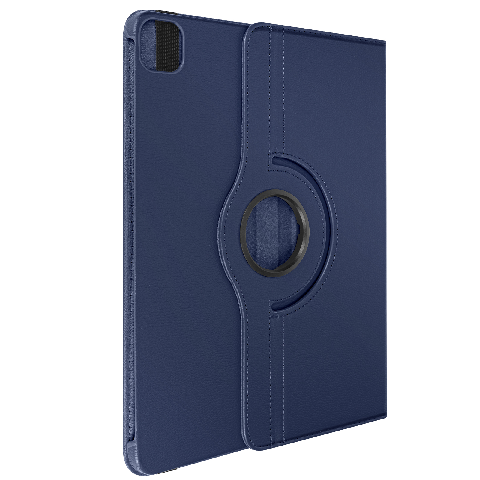 Custodia blu per tablet, chiusa. Anello rotante e cuciture visibili.