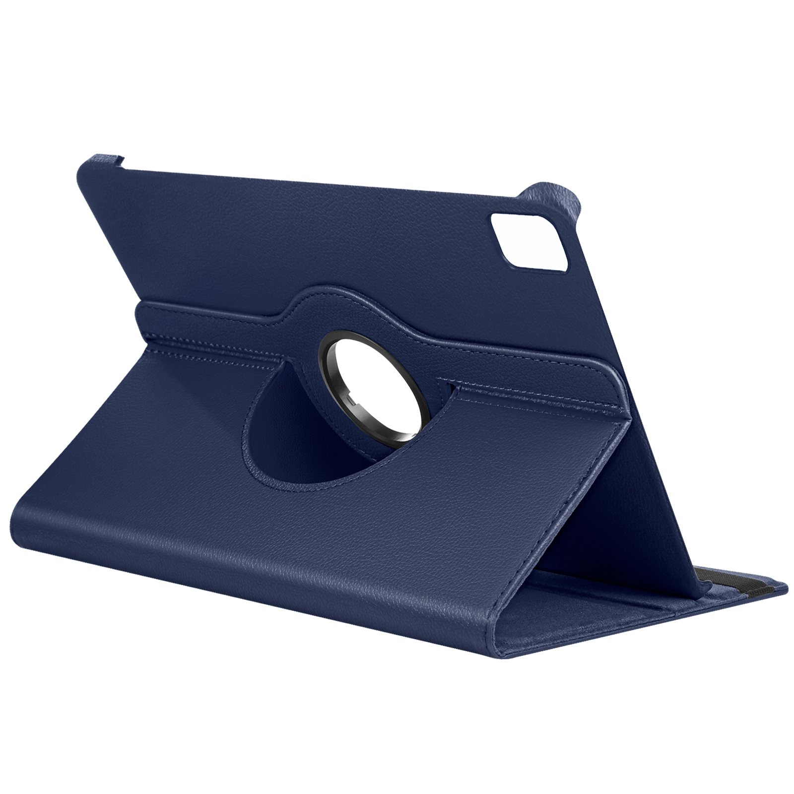 Custodia blu per tablet con anello rotante. La custodia è aperta, mostrando il retro del tablet.