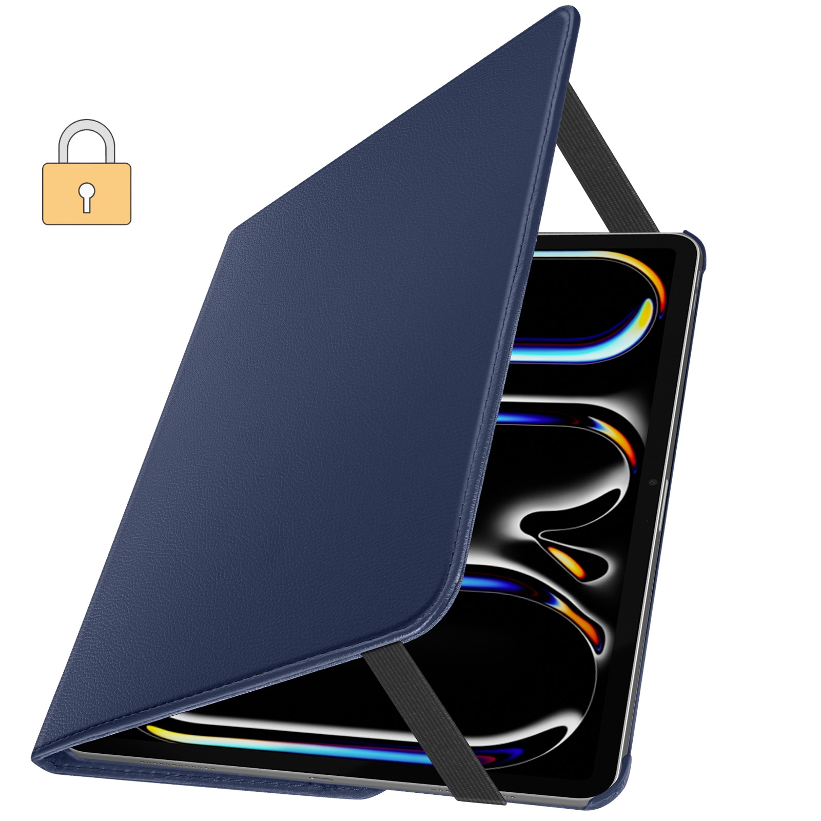 Custodia blu per tablet. Aperta per rivelare lo schermo di un tablet. Icona lucchetto.