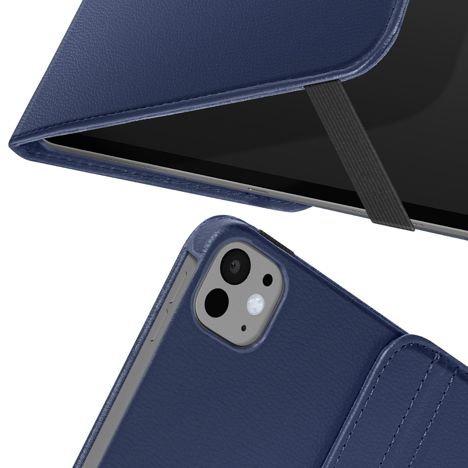 Custodia blu per tablet, copertina aperta. Tablet parzialmente visibile, con sporgenza fotocamera.