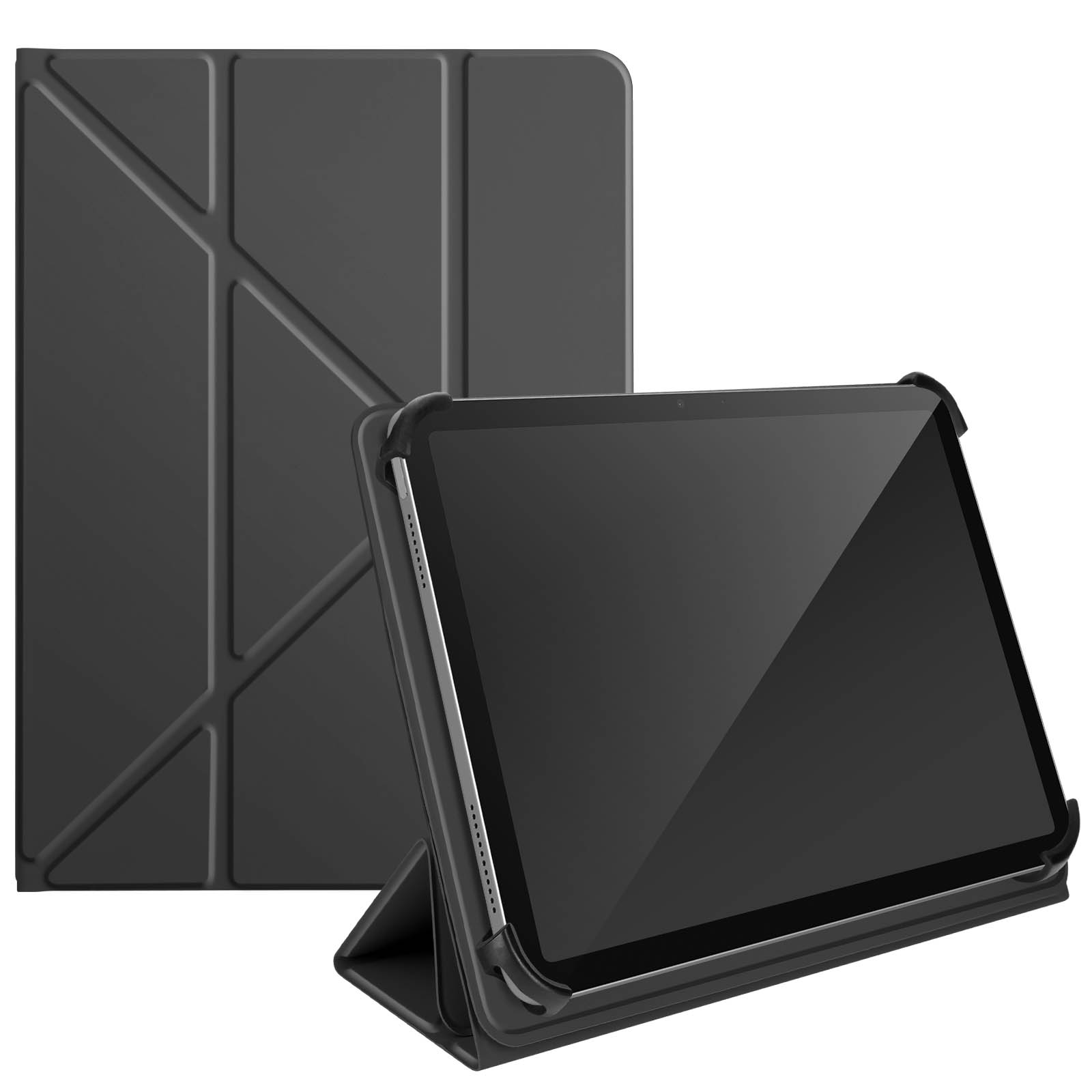 Tablet in custodia nera, in piedi. La custodia ha un supporto e una copertura. Sfondo bianco.