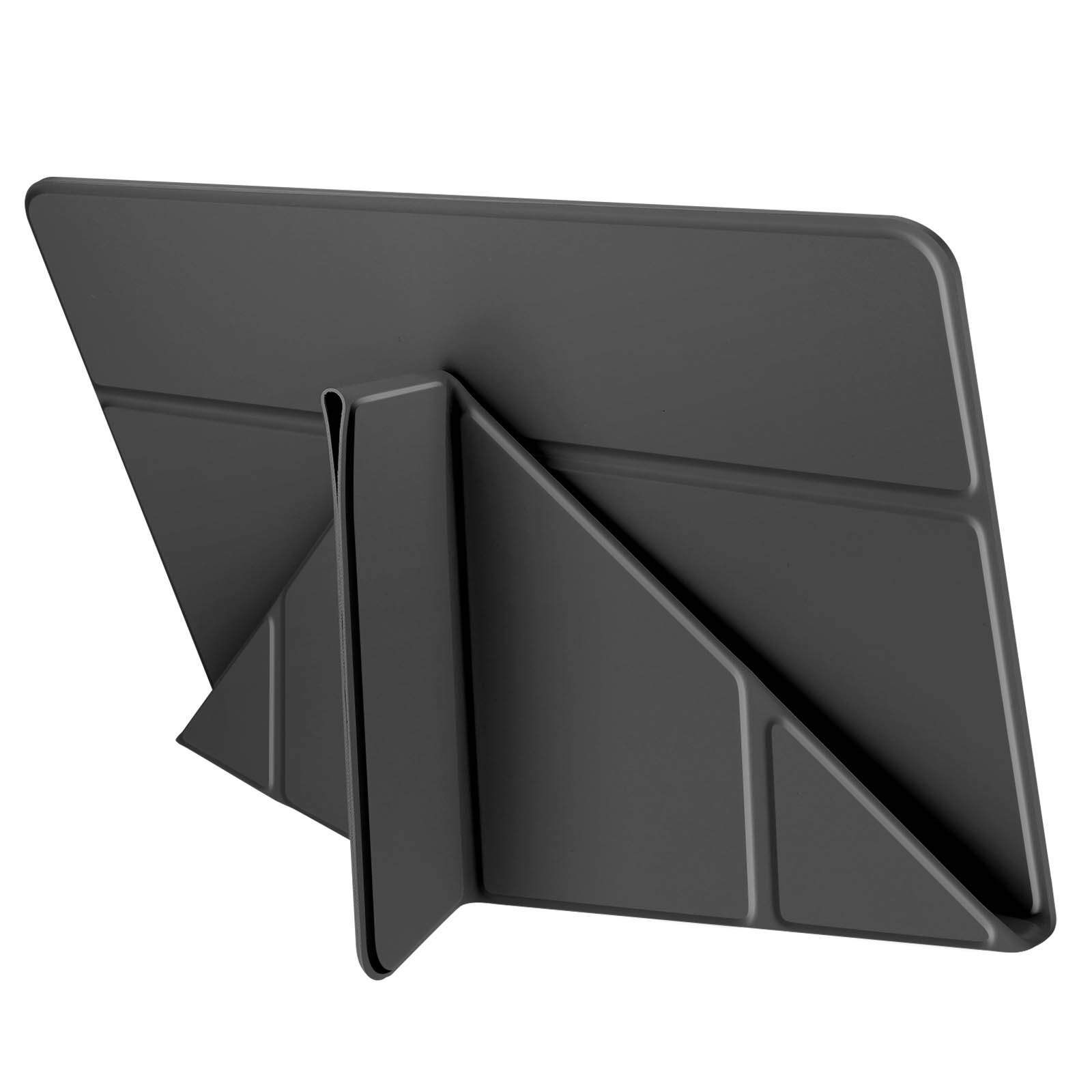 Custodia per tablet, grigio scuro. La custodia è in piedi e il retro del tablet è visibile.