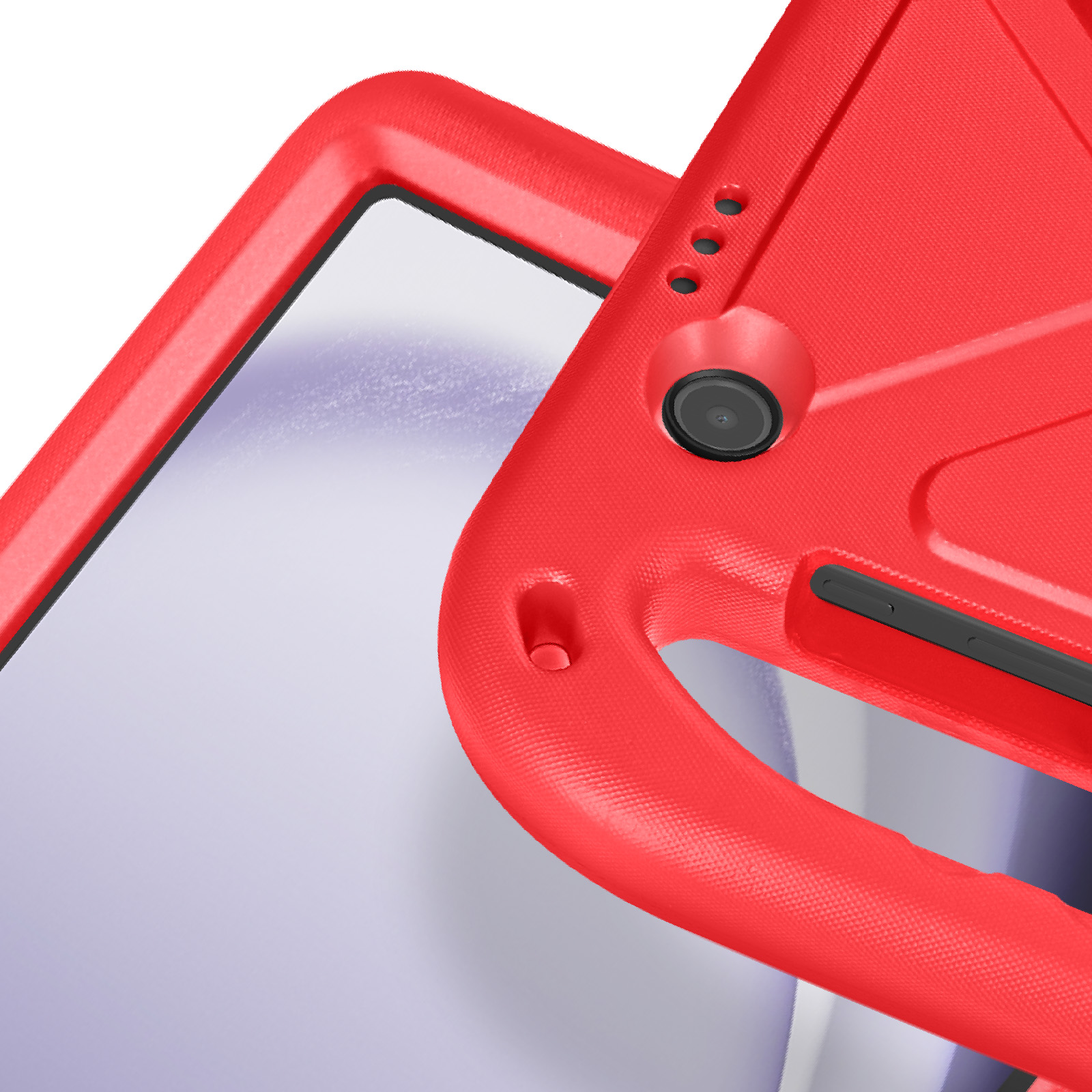 Rote Tablet-Hülle mit Kamera, Nahaufnahme.