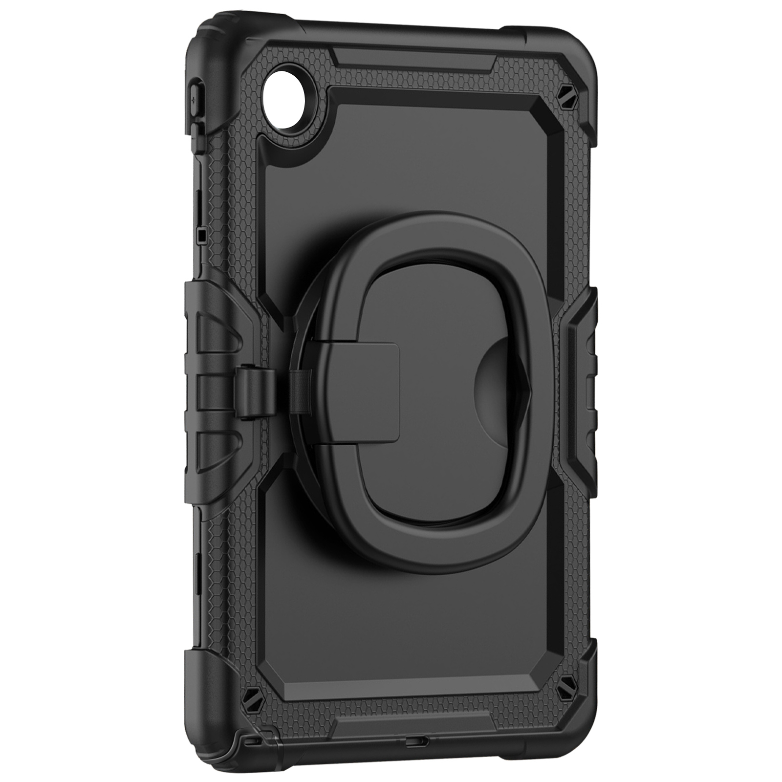 Schwarze Tablethülle mit kreisförmiger Handhalterung. Die Hülle hat ein robustes Design.