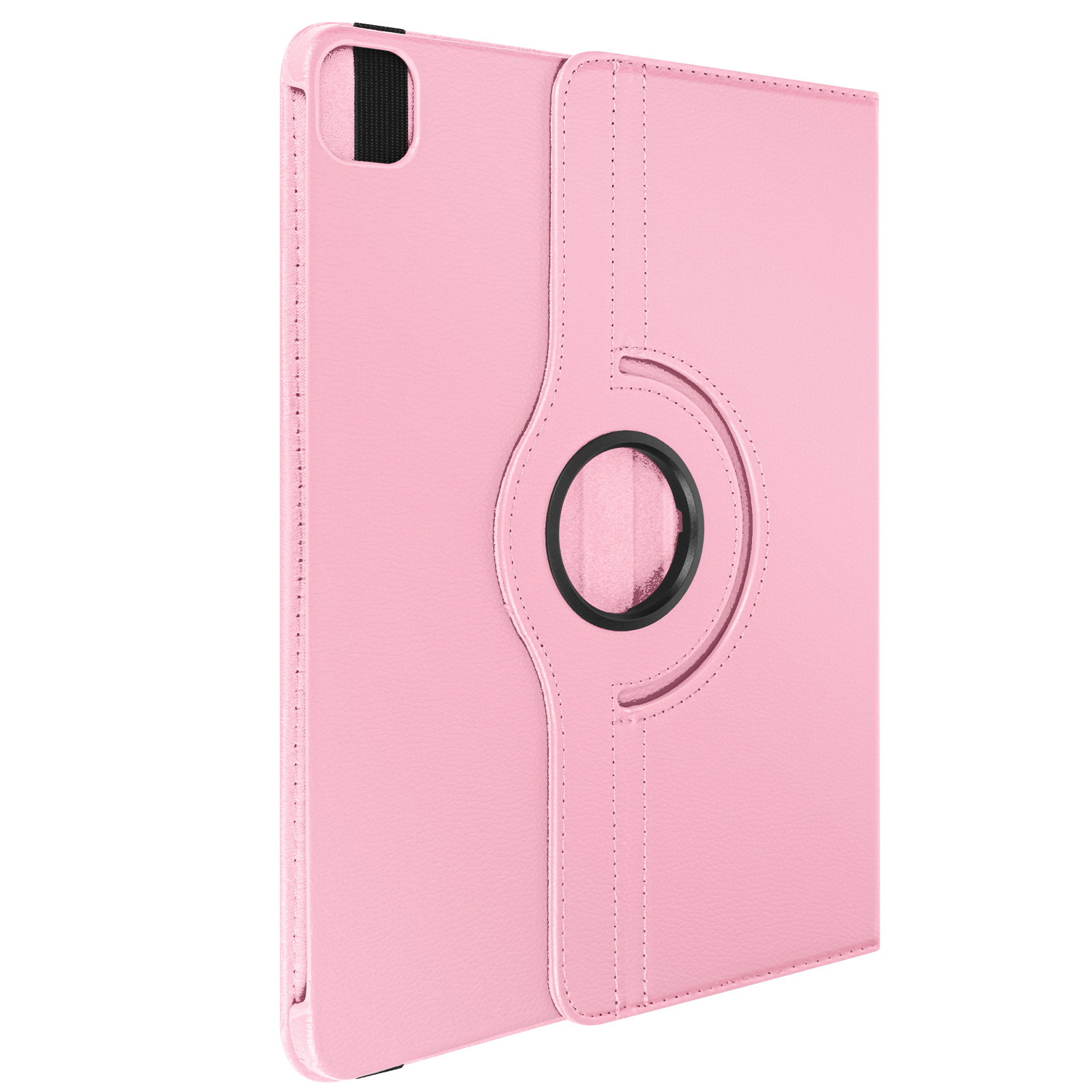 Custodia rosa per tablet con anello rotante e cinturino elastico nero.