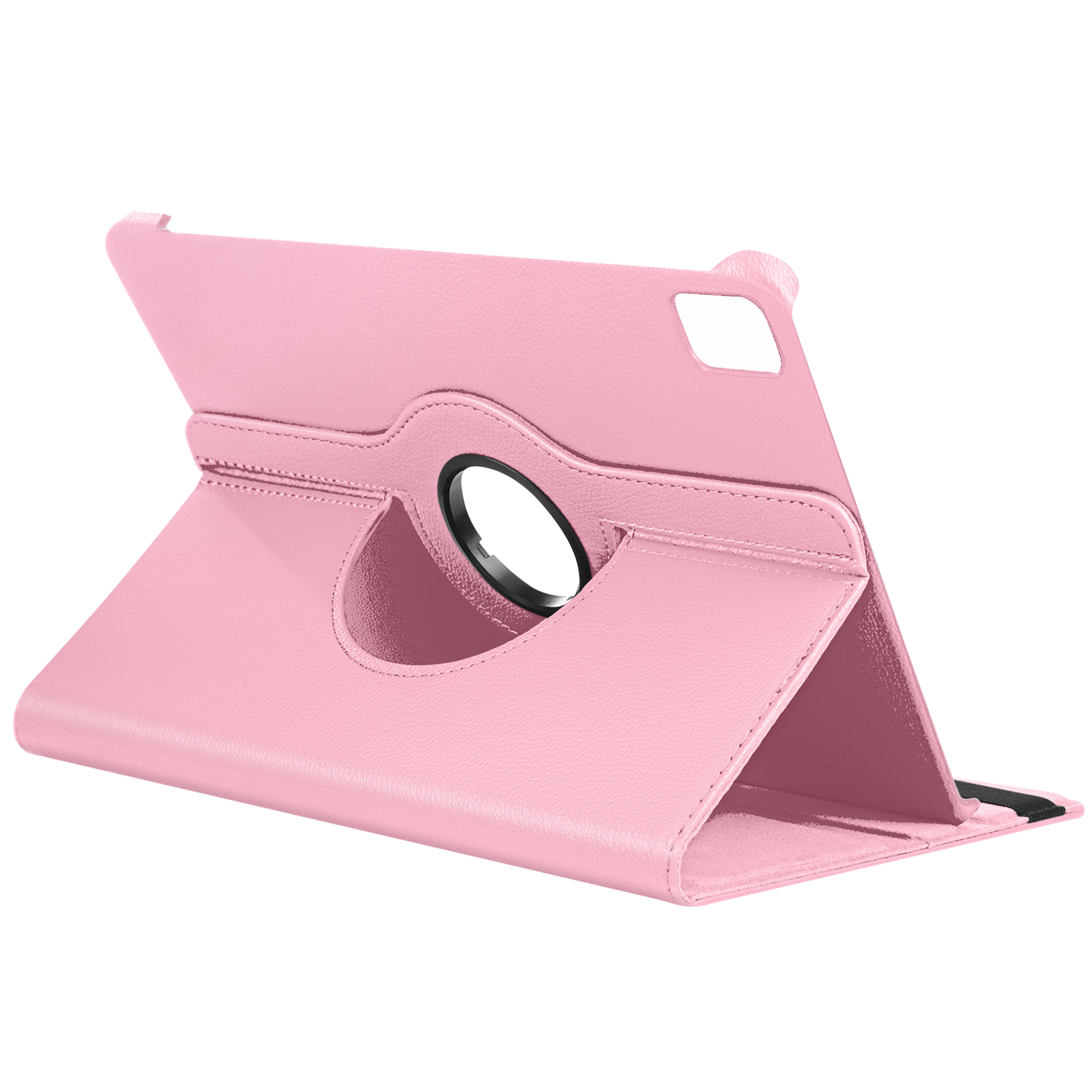 Custodia per tablet rosa, aperta, con supporto rotante. Sfondo bianco.