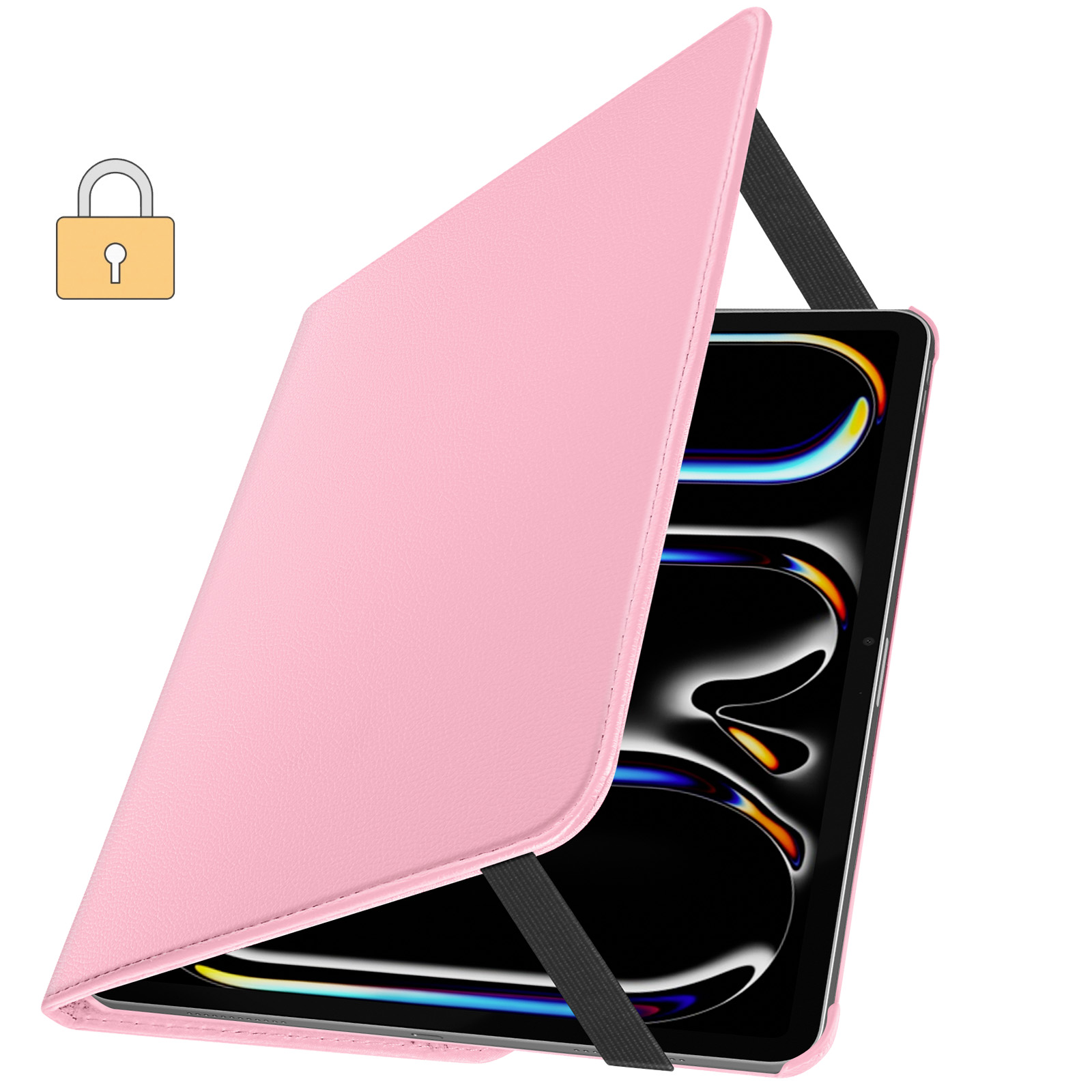 Custodia per tablet rosa, aperta con cinturino nero. Icona lucchetto in alto a sinistra.