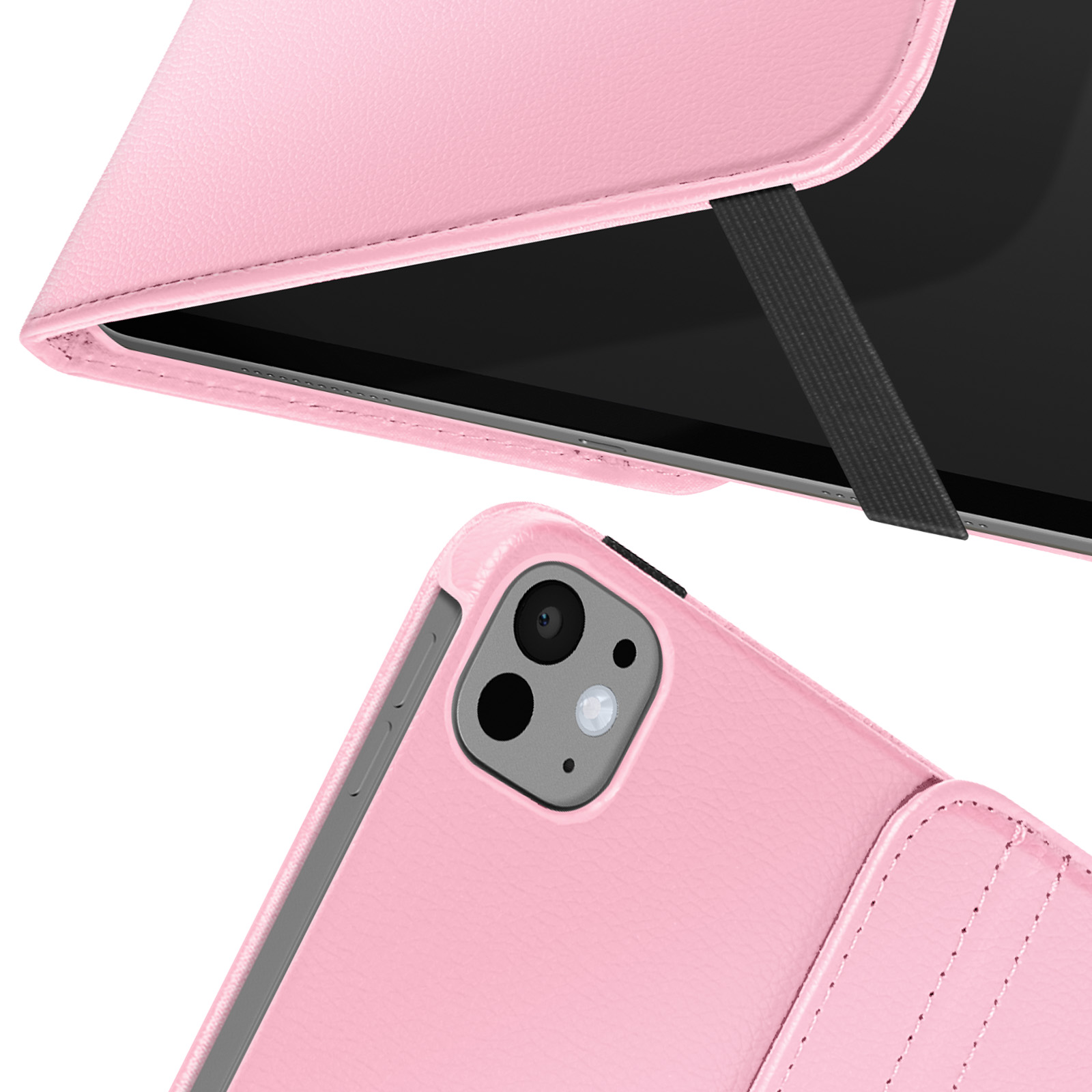 Primo piano di una custodia per tablet rosa con una fascia elastica nera e un tablet visibile.