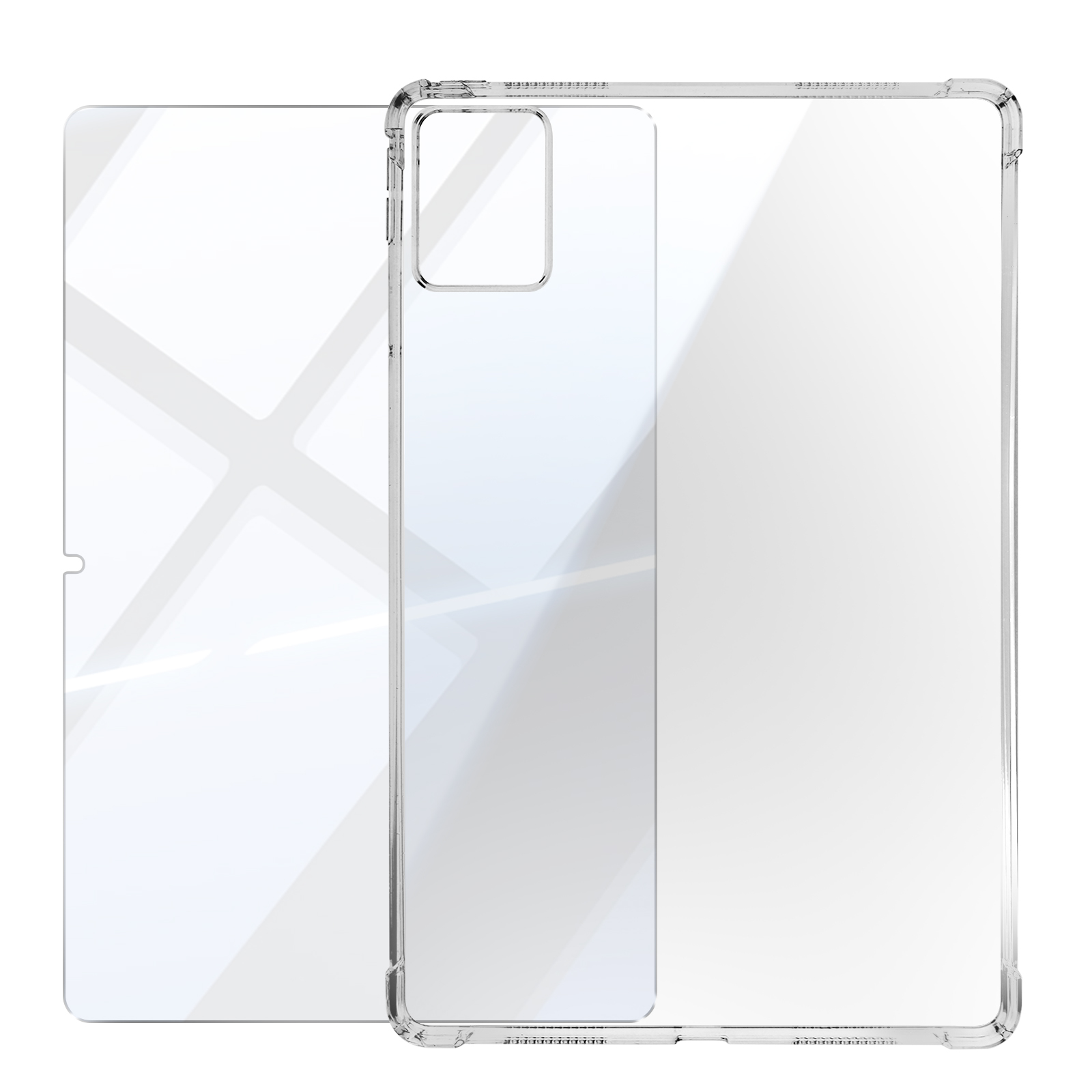 Transparenter Tablet-Displayschutz neben einem Tablet, isoliert auf weißem Hintergrund.