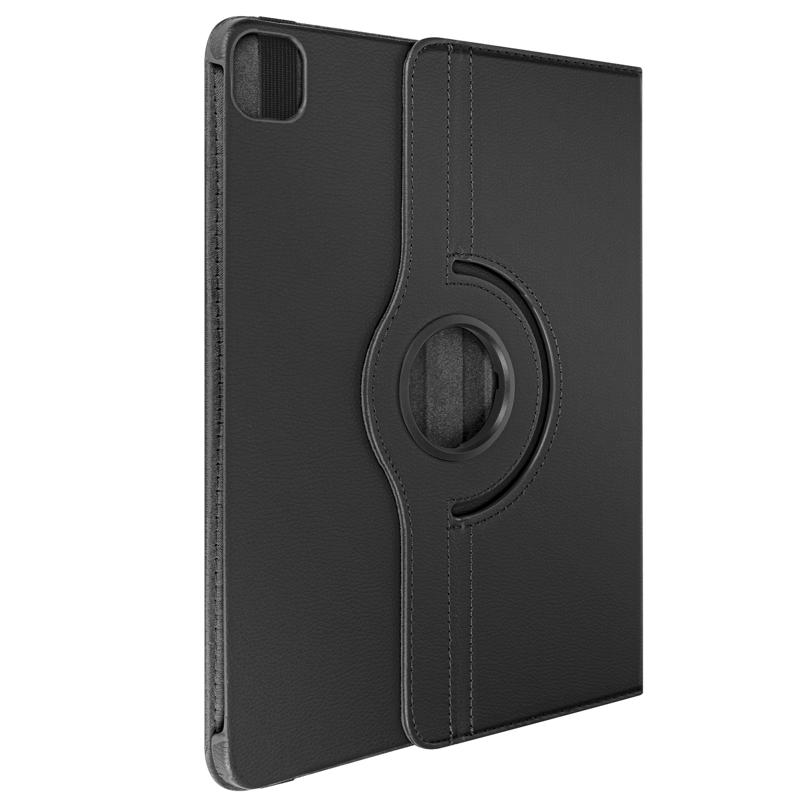 Custodia per tablet in pelle nera con supporto girevole. La custodia è chiusa.