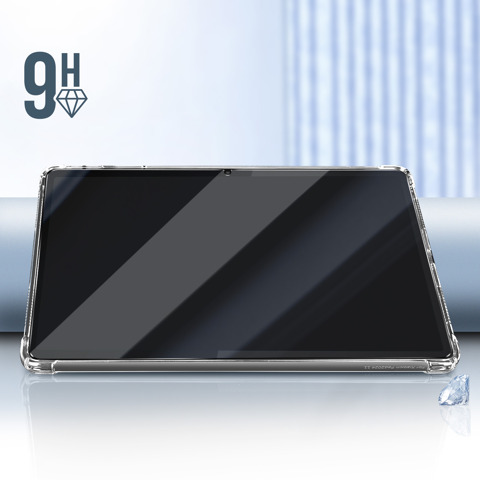 Transparenter Tabletschutz. 9H und Diamant-Symbol befinden sich in der oberen linken Ecke.