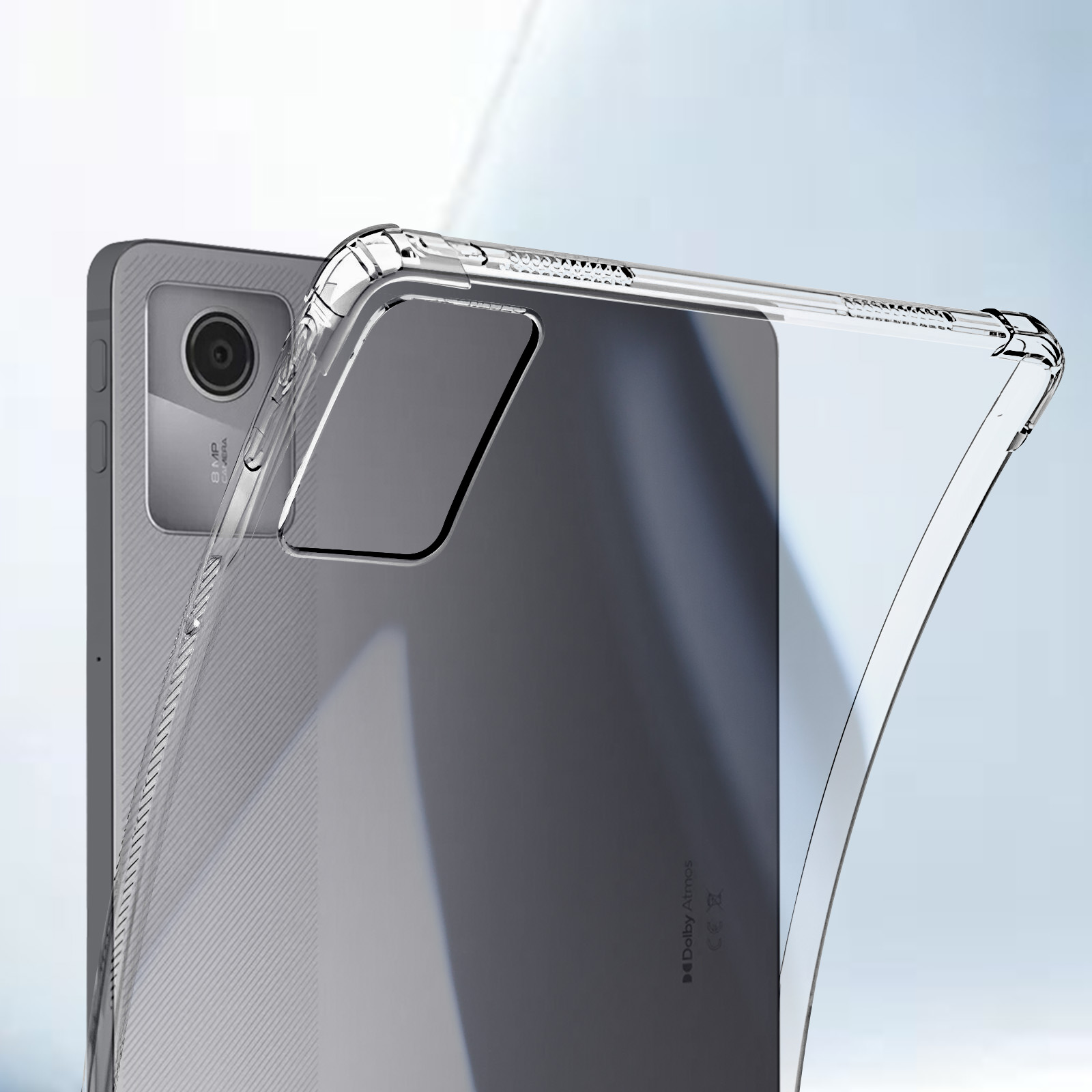 Transparente Tablethülle auf grauem Tablet. Kamera sichtbar, Hülle teilweise geöffnet.