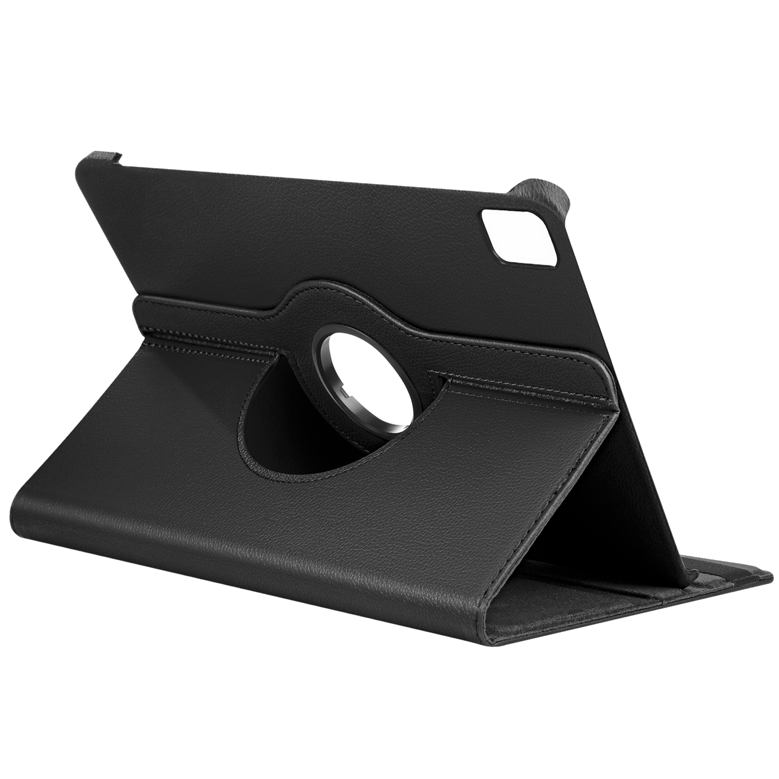 Custodia nera per tablet aperta, con supporto. Il tablet è parzialmente visibile.