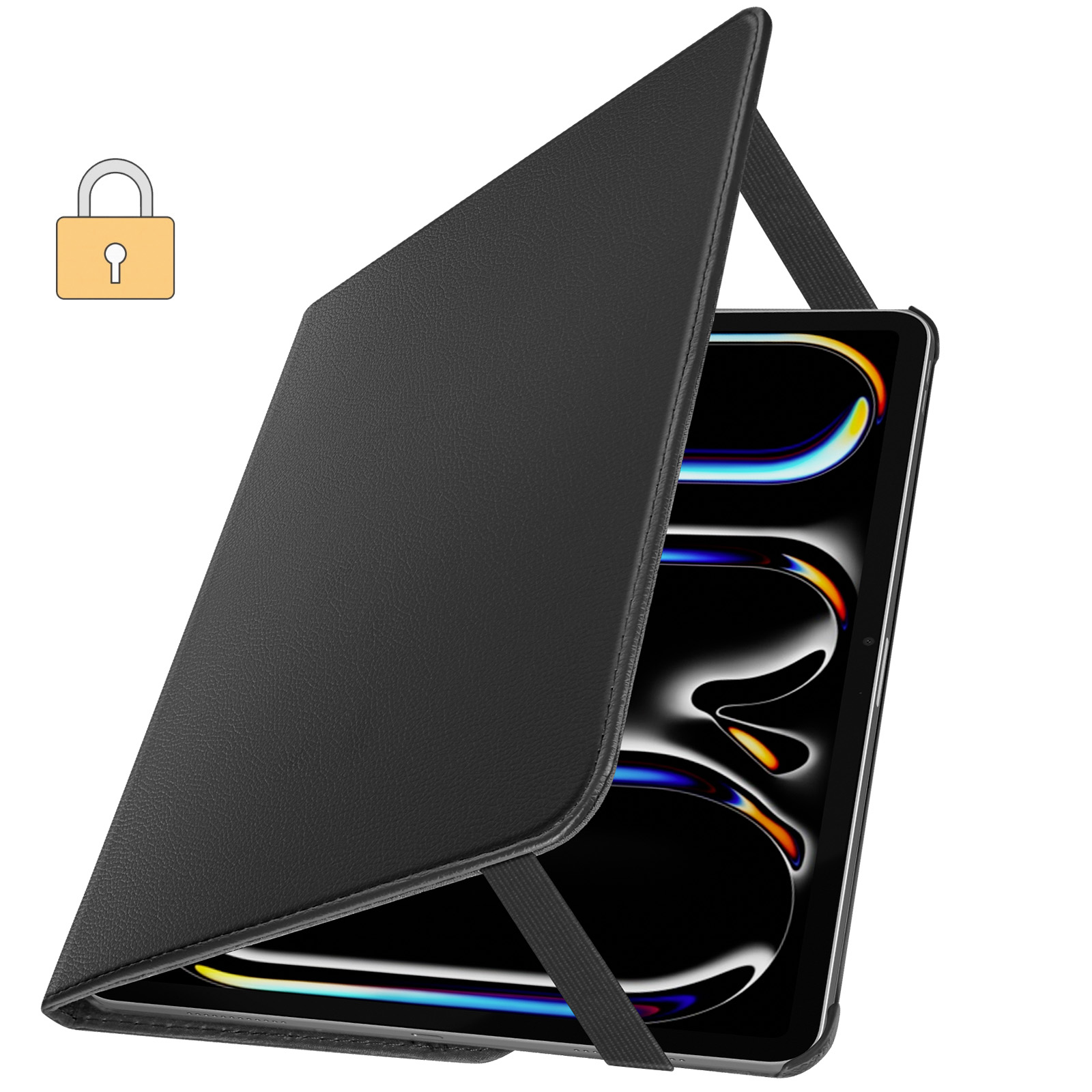 Tablet nero con cover aperta, icona lucchetto giallo nell'angolo.