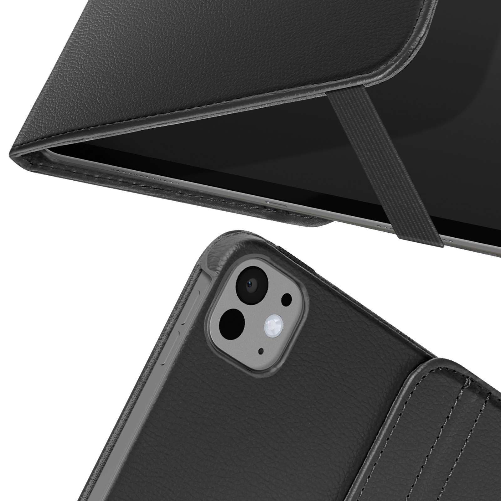 Custodia per tablet nera con angolo del dispositivo visibile. Sfondo bianco.