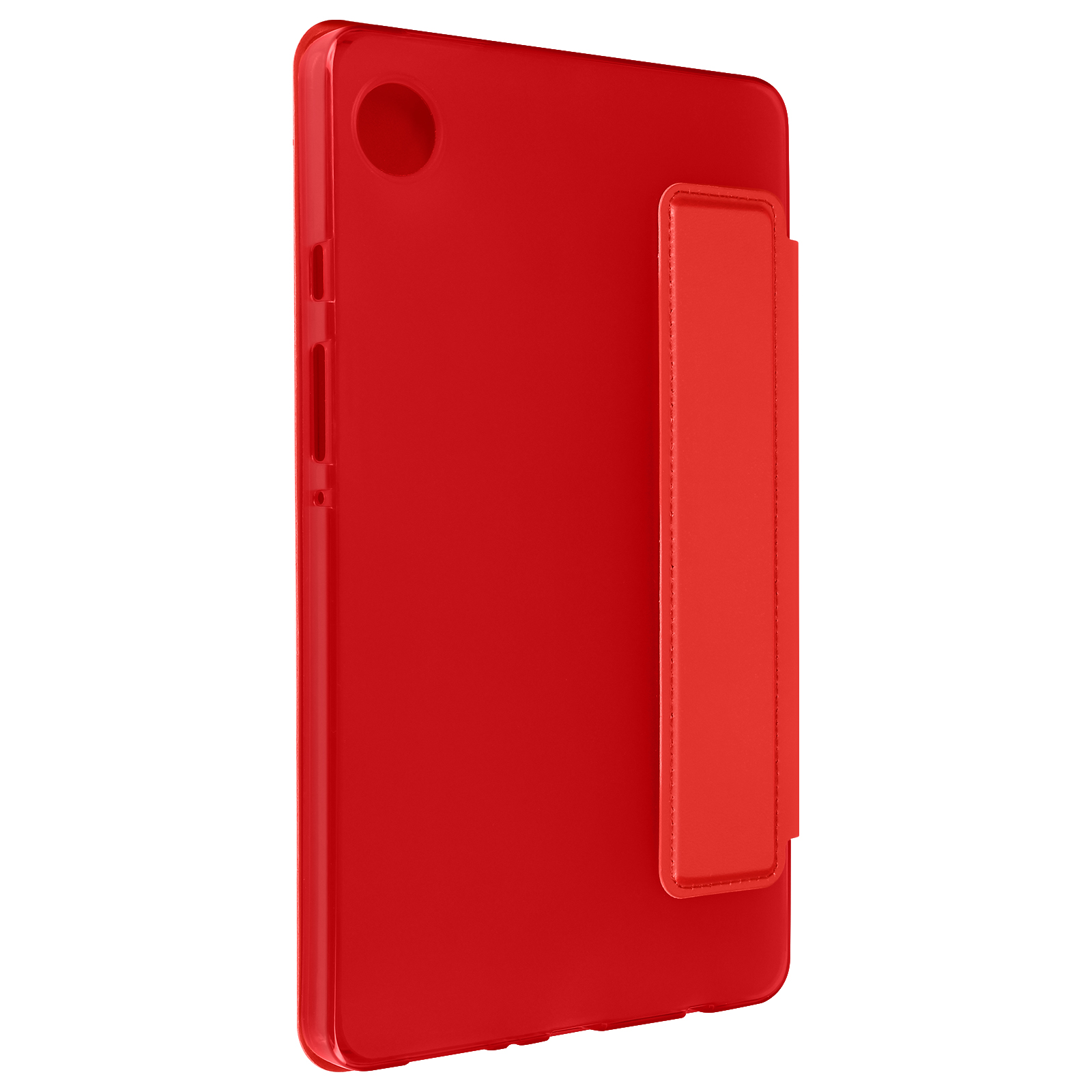 Custodia per tablet rossa. La custodia ha una maniglia e un supporto sul retro.