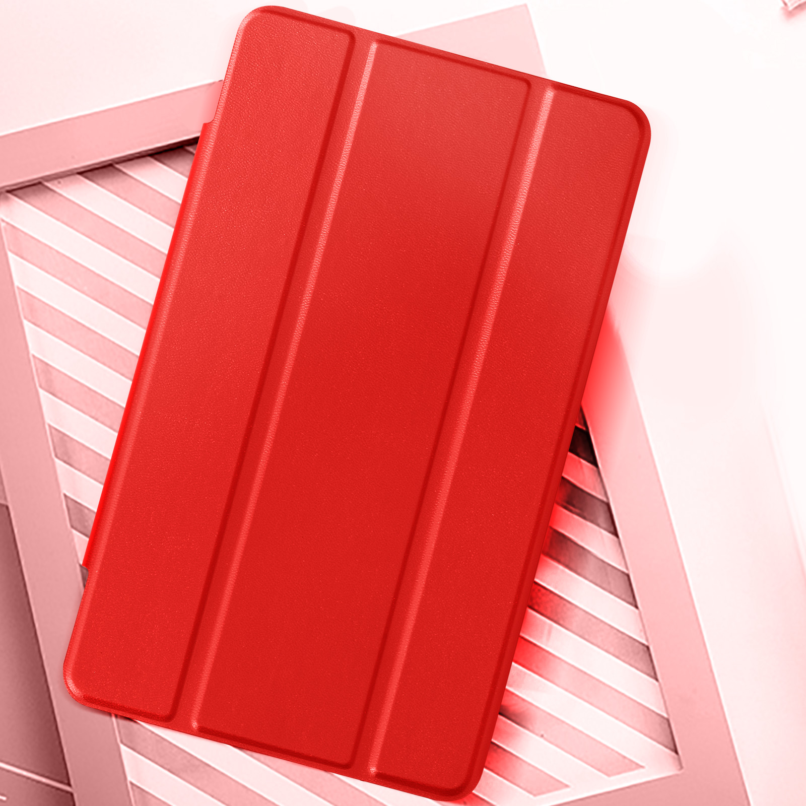 Custodia rossa per tablet. La custodia è piegata e una cornice dai toni rosa è sullo sfondo.