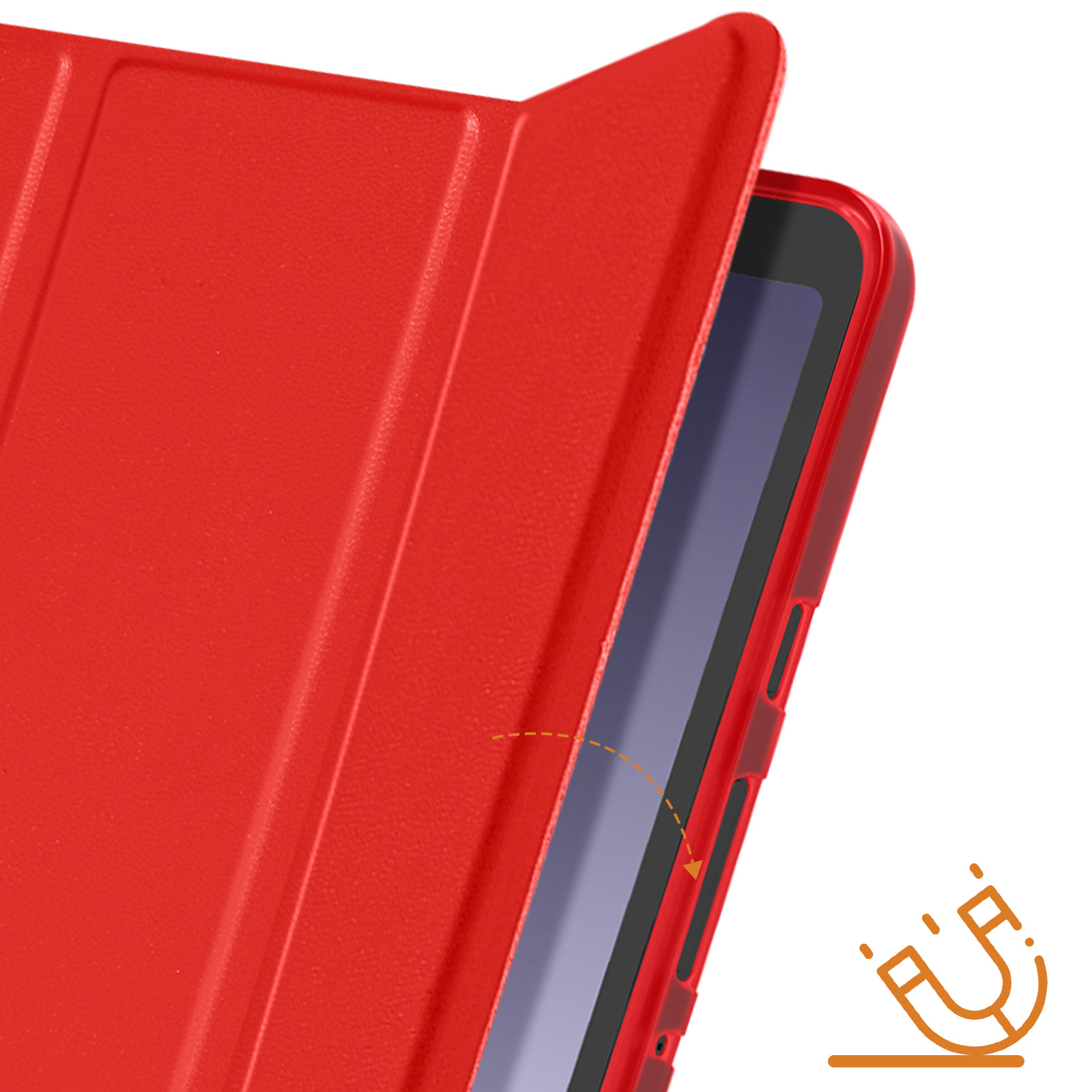Custodia per tablet rossa con patta magnetica. Un'icona magnetica è visualizzata vicino.