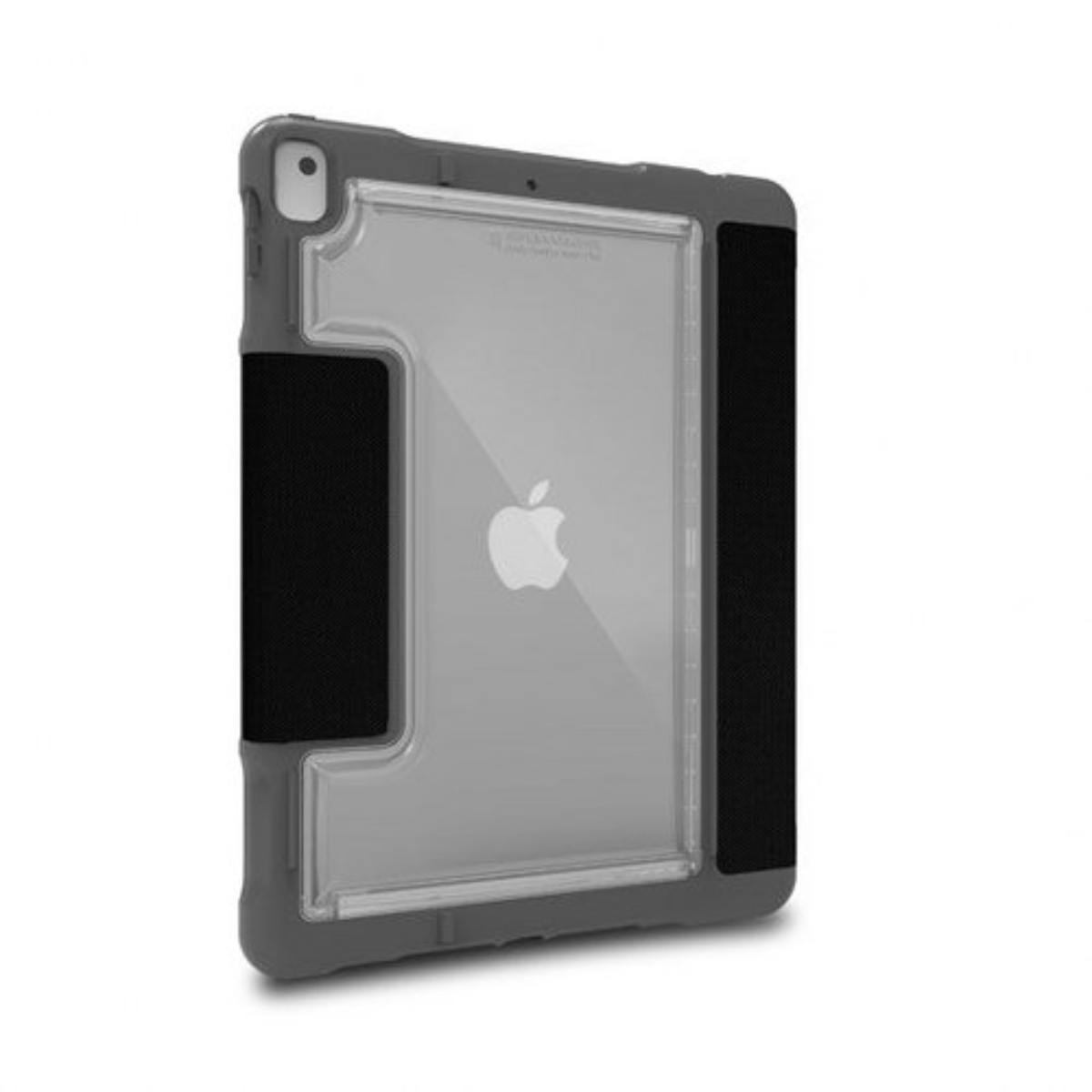 Tablet in una custodia grigia, impugnature nere, logo Apple visibile, sfondo bianco.