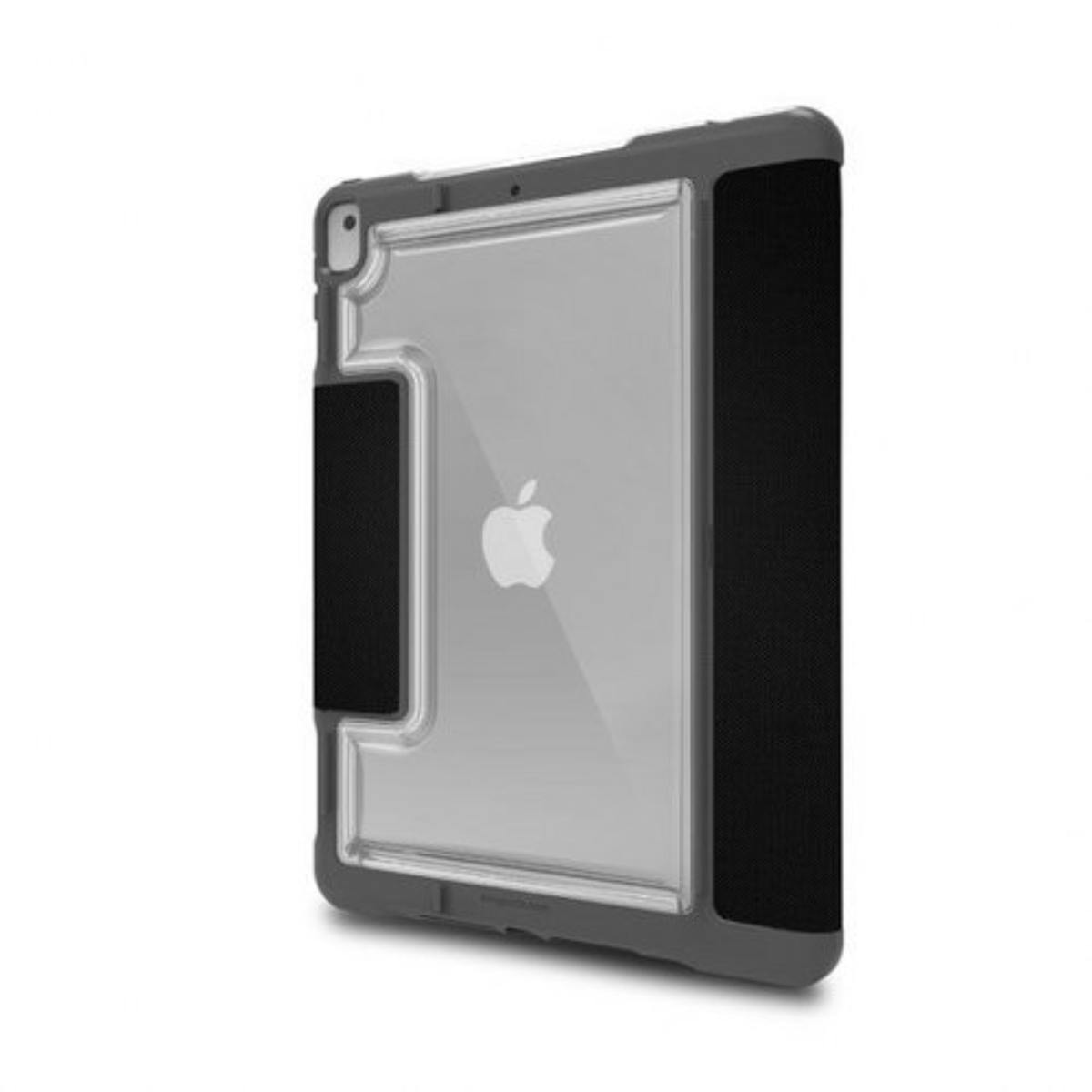 Tablet in custodia trasparente, logo Apple visibile. Bordi grigi e neri. Sfondo bianco.