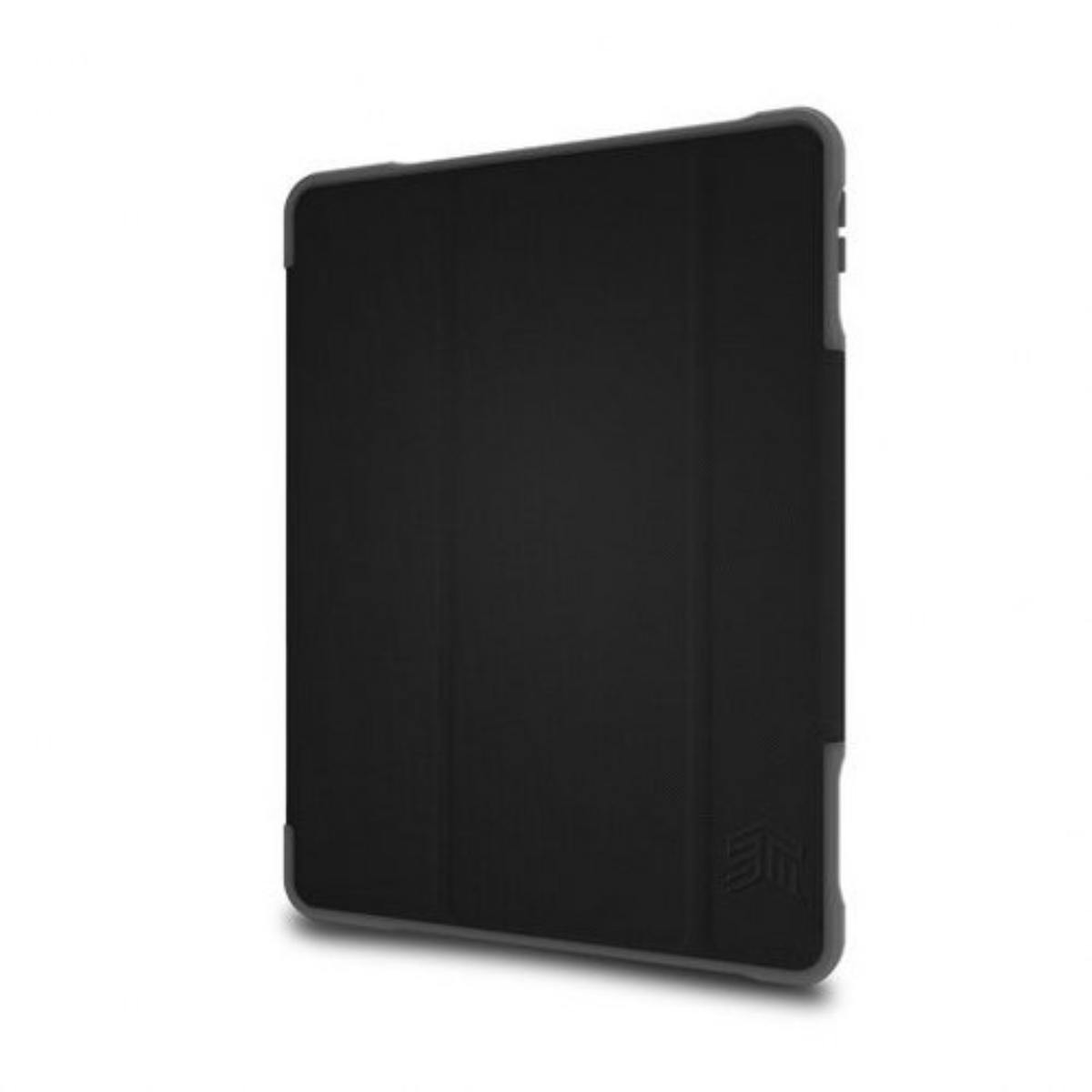 Custodia nera per tablet, vista laterale, che mostra la custodia e una cornice grigia.
