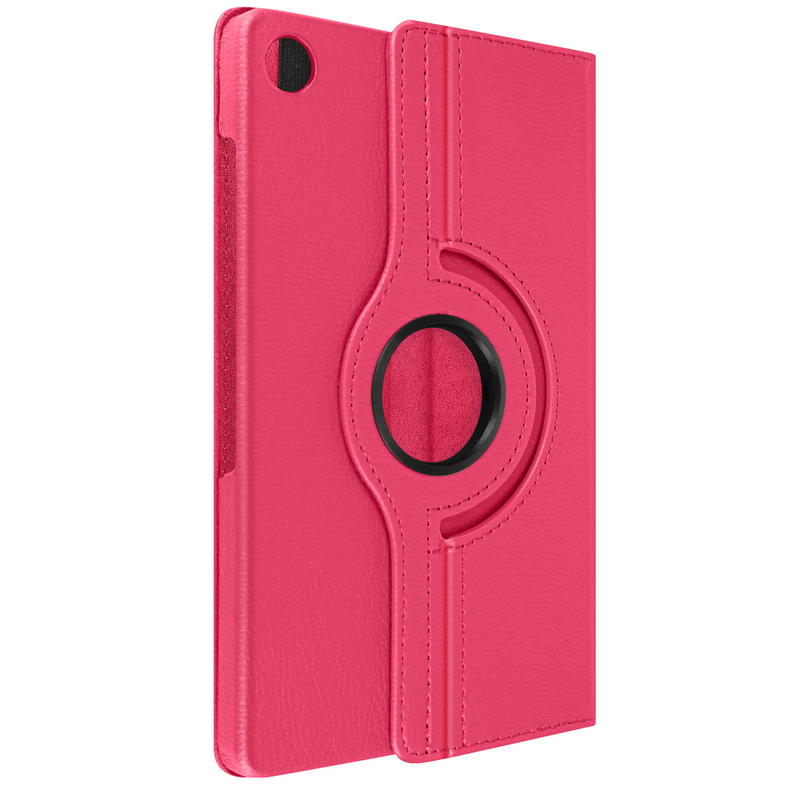 Custodia rosa per tablet con anello girevole e dettagli di cucitura. La custodia è aperta.