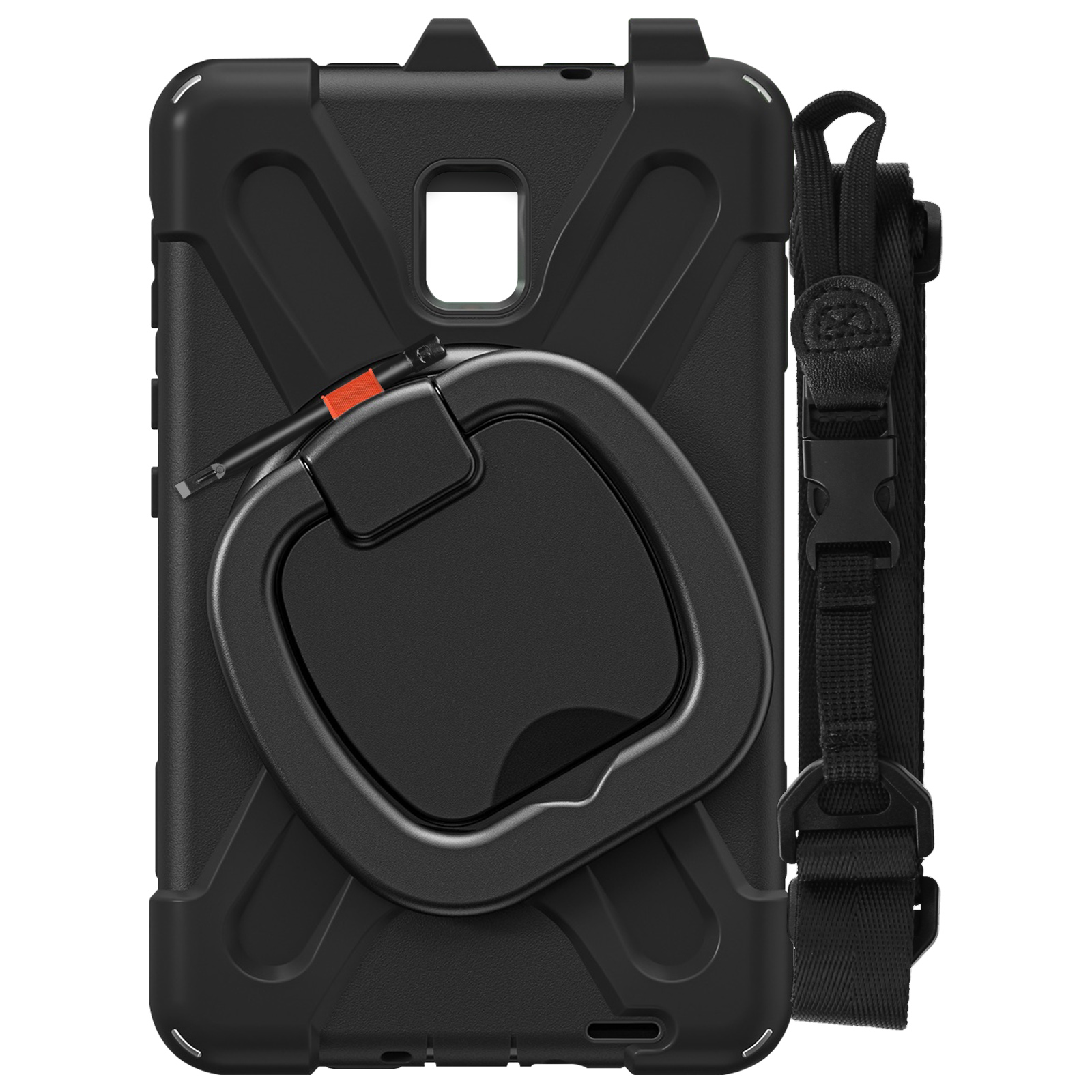 Custodia nera per tablet con porta anelli e cinturino. Ha una fibbia.