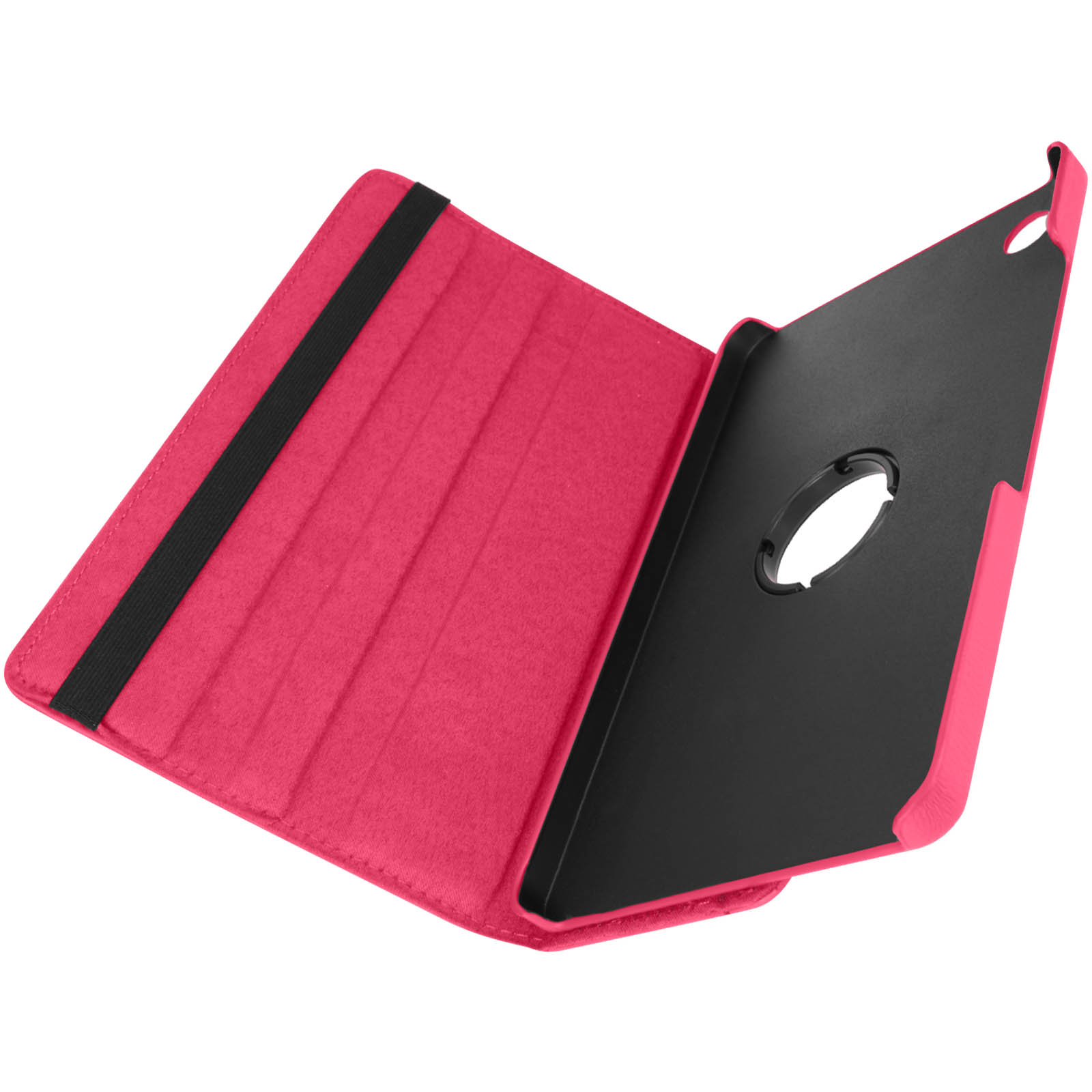 Custodia per tablet rosa, aperta. Tablet nella custodia con cinturino elastico.
