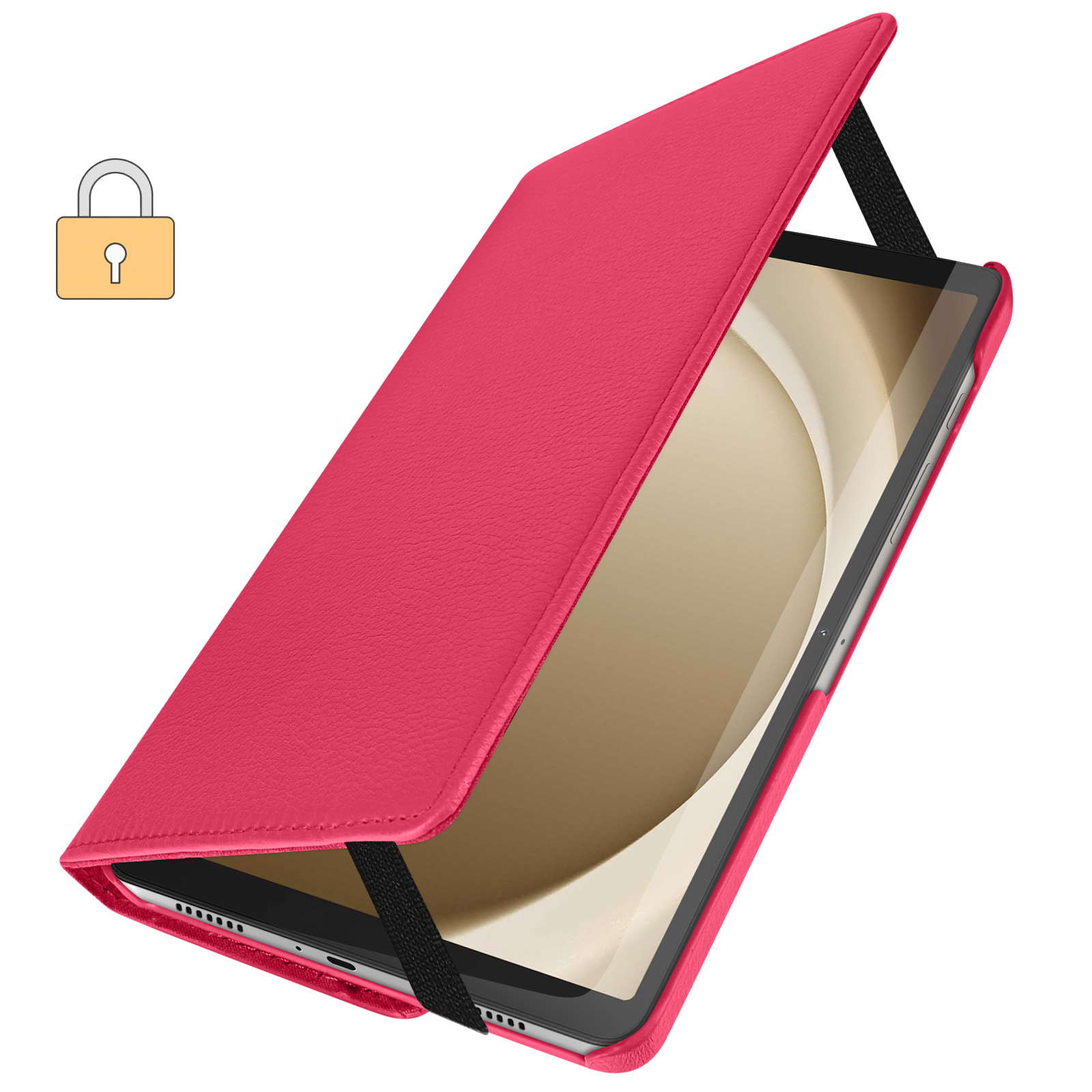 Custodia per tablet rosa, aperta con cinturino nero. Icona lucchetto in alto a sinistra.