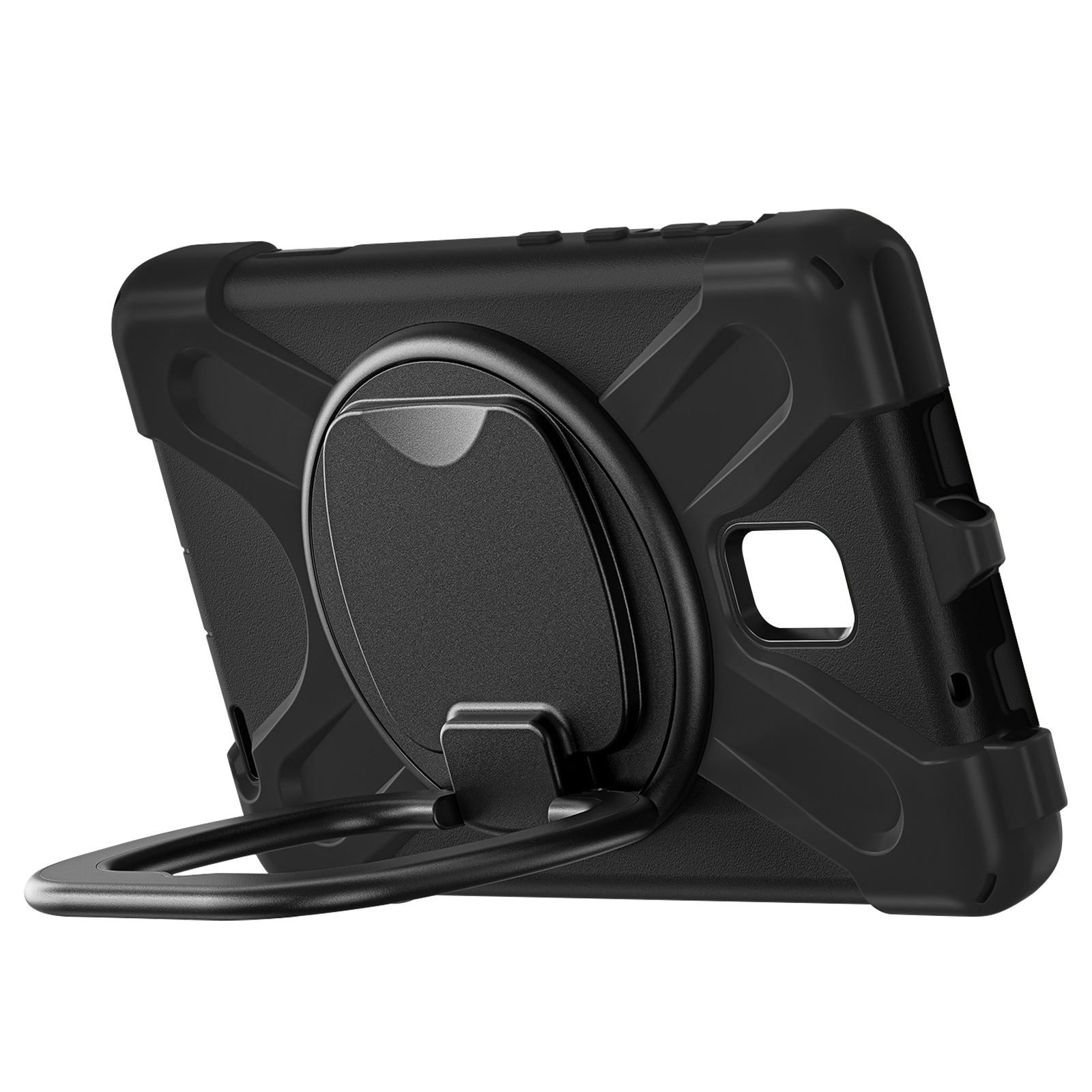 Custodia nera per tablet con supporto ad anello, sfondo nero, primo piano studio.