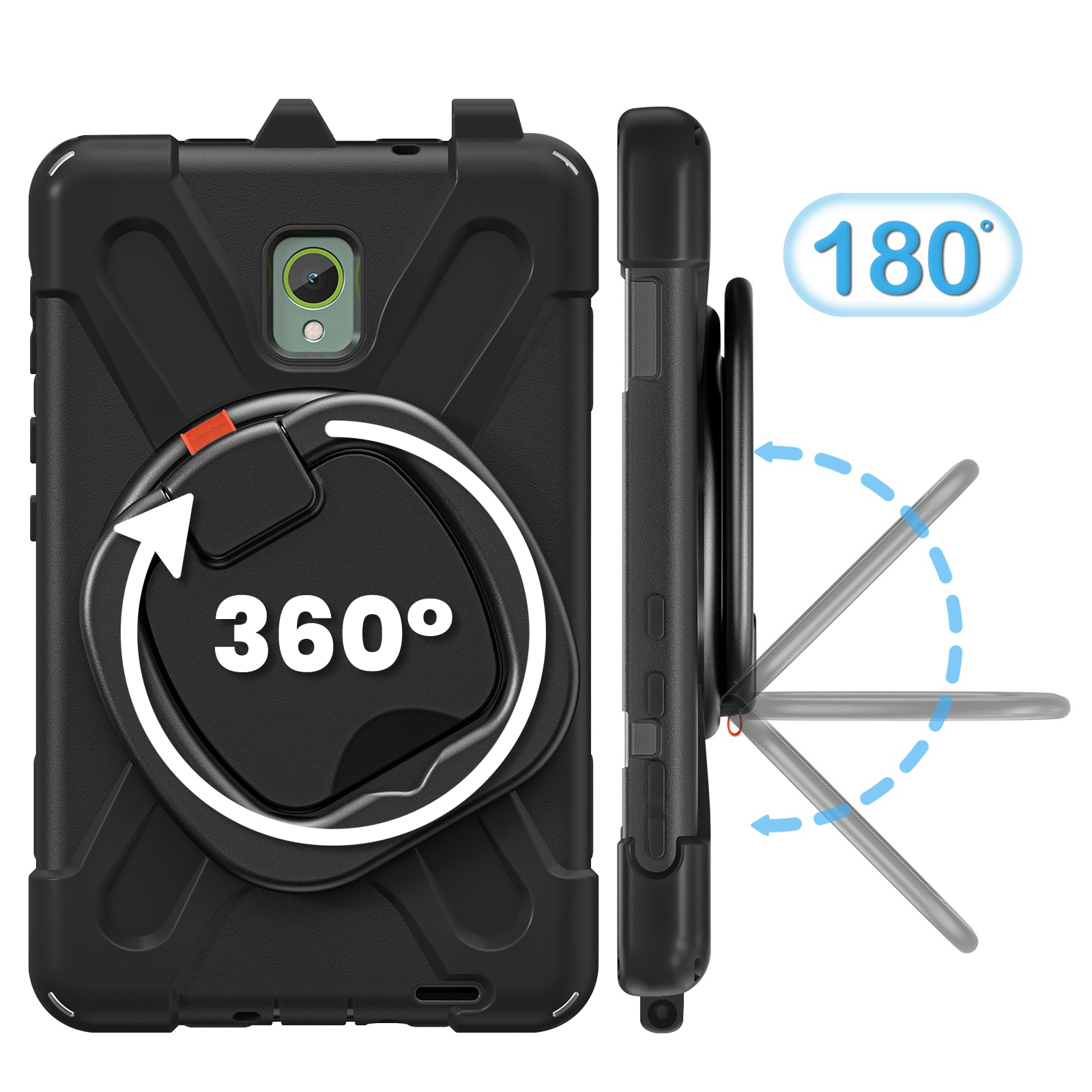 Una custodia per tablet nera con anello rotante e indicatore di rotazione a 360 gradi.