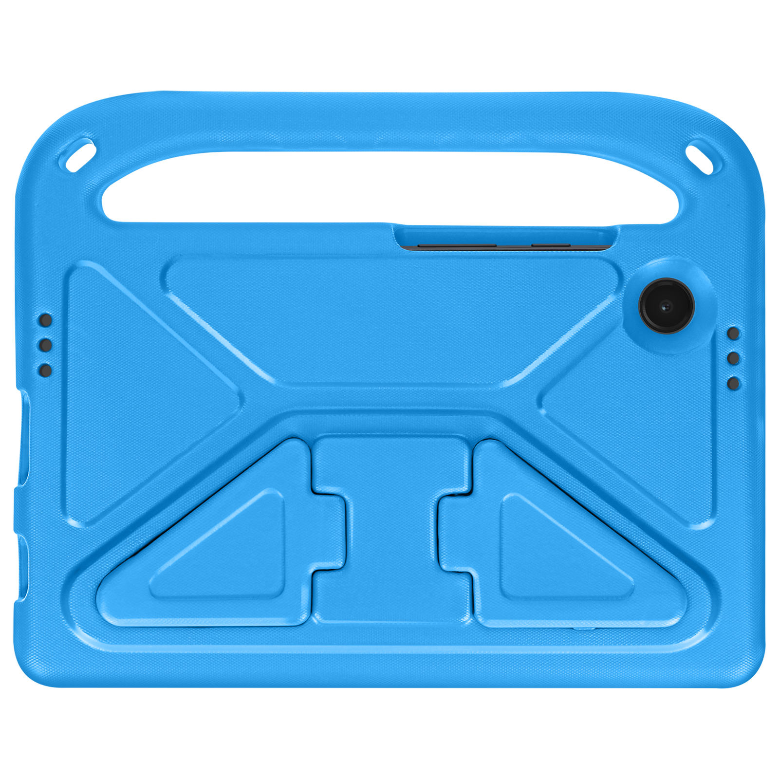 Blaue Tablethülle mit Griff, strukturiertes Design, Kamera, Knöpfe, weißer Hintergrund.