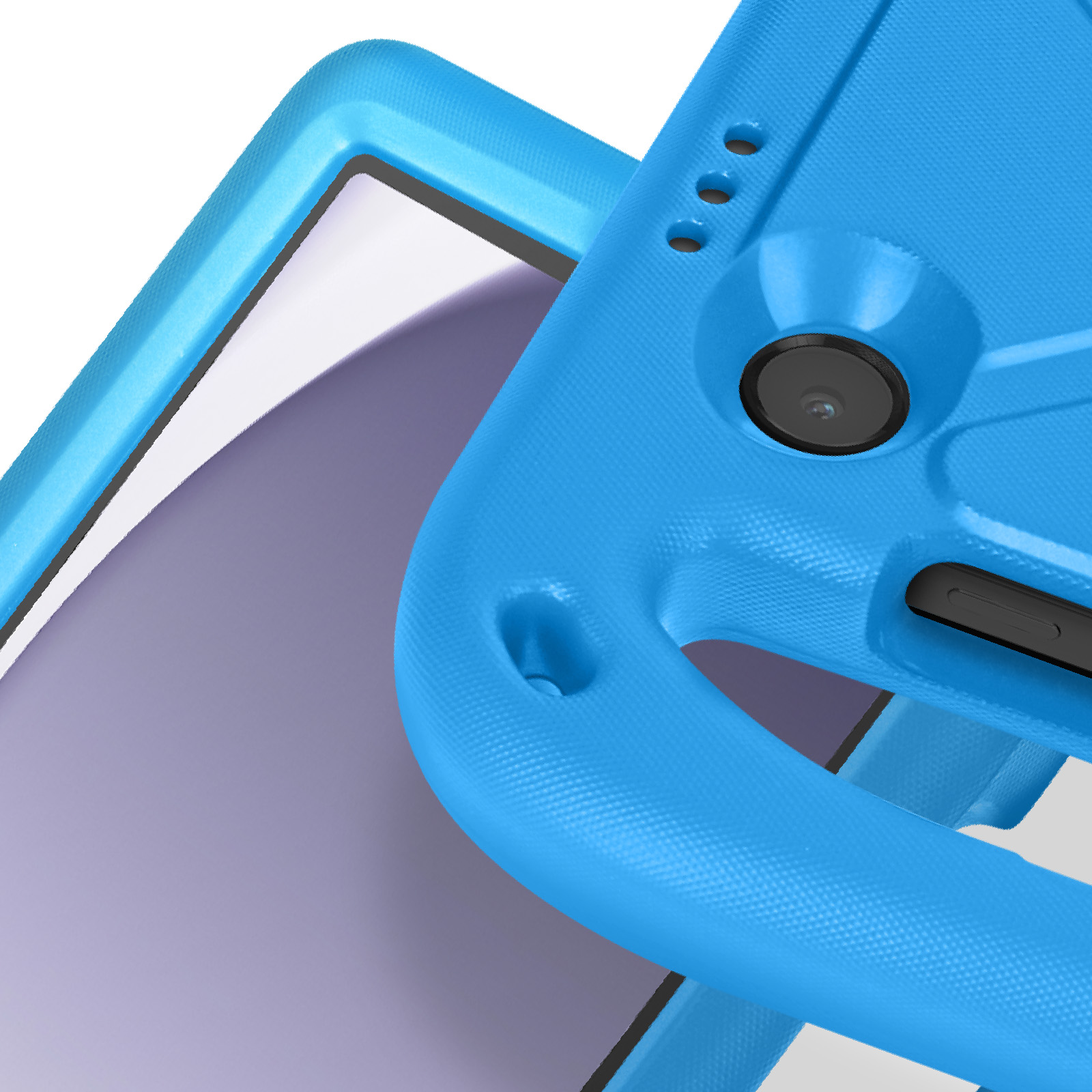 Eine blaue Tablethülle mit Kameralinse und strukturierter Oberfläche.