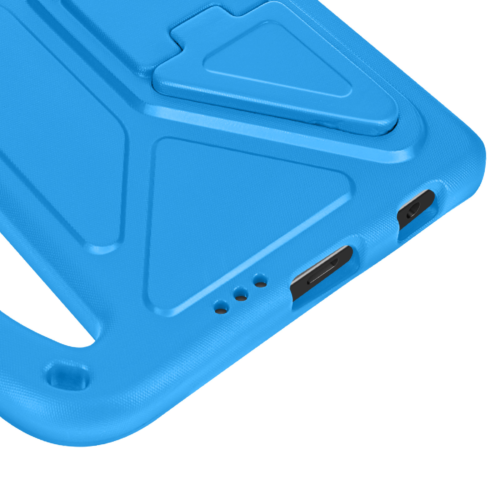 Blaue Tablethülle, Unterseite. Aussparungen für Anschlüsse und Knöpfe.