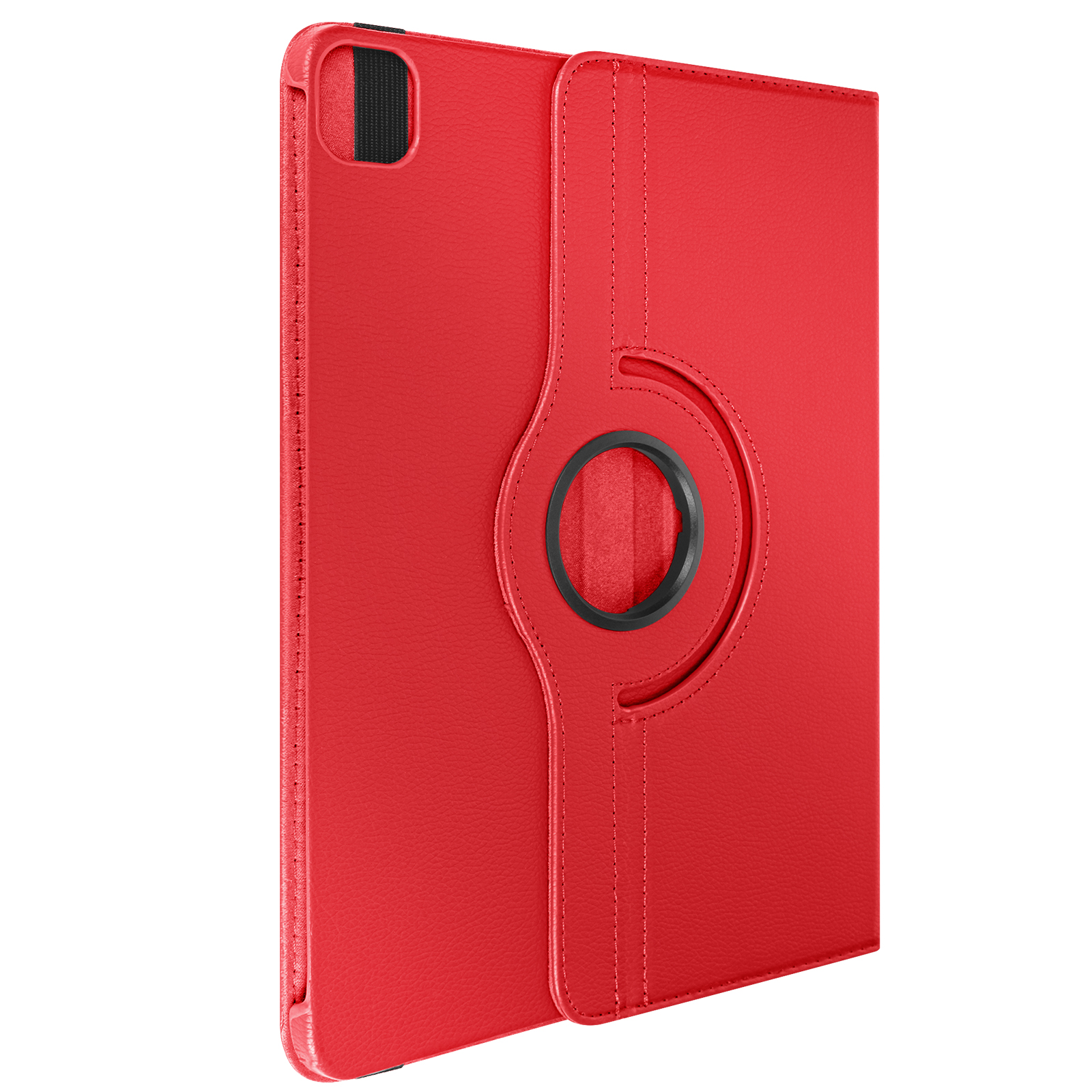 Custodia per tablet in pelle rossa con supporto rotante. Chiusa, vista verticale.