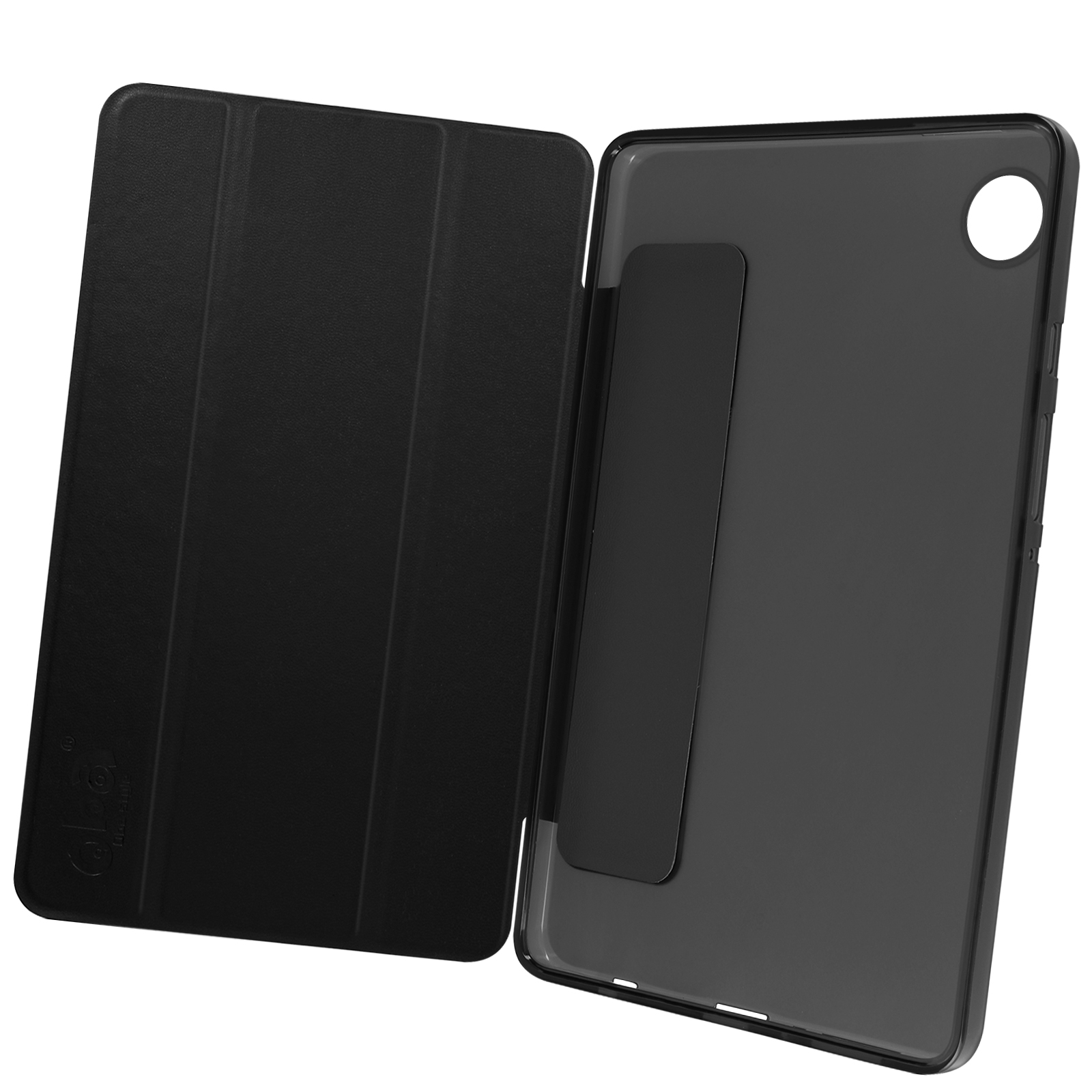 Custodia per tablet nera con chiusura magnetica nera aperta.
