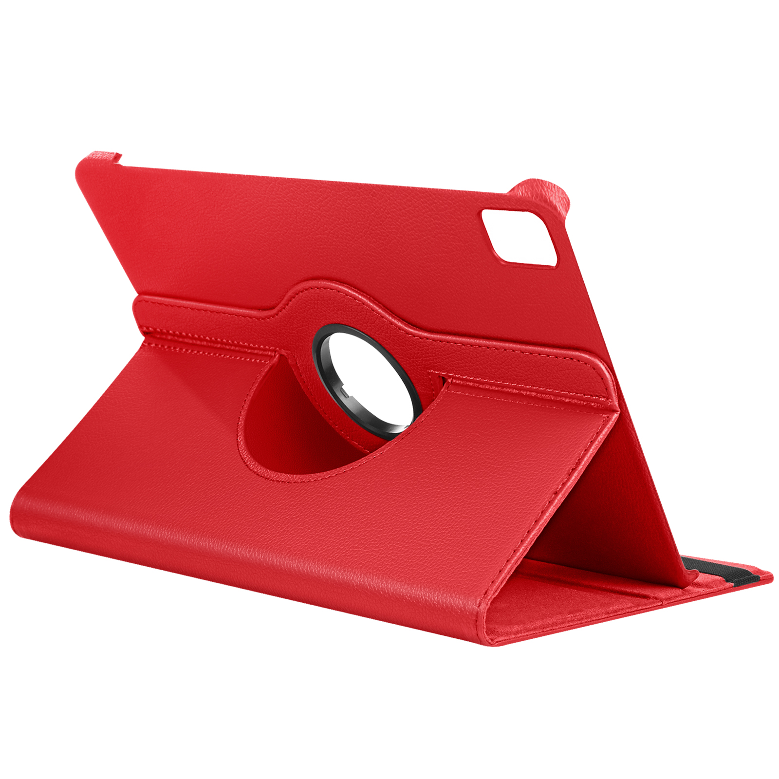 Custodia per tablet in pelle rossa con supporto rotante, aperta e in uso.