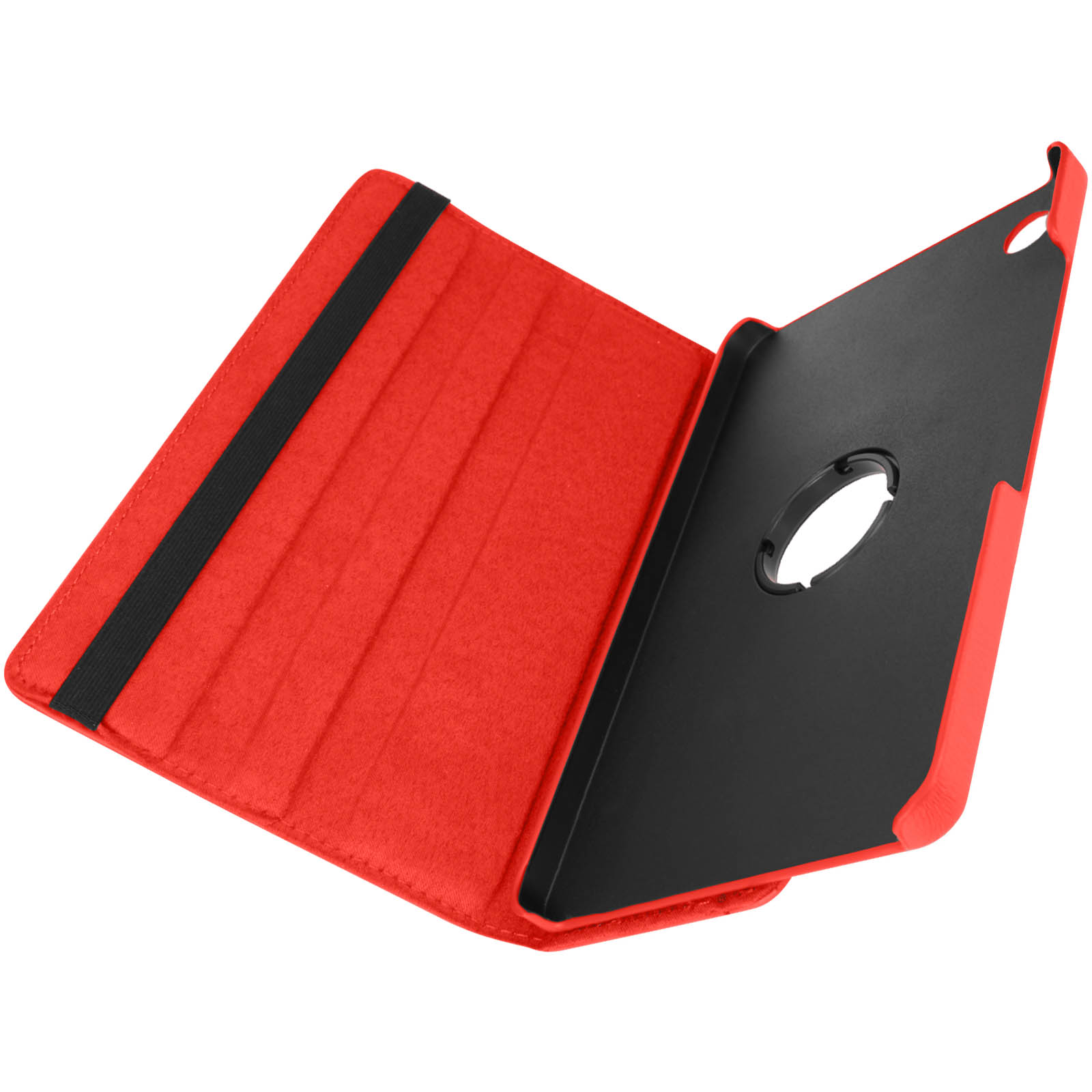 Custodia per tablet rossa, aperta. L'interno è nero. La custodia ha un cinturino nero.