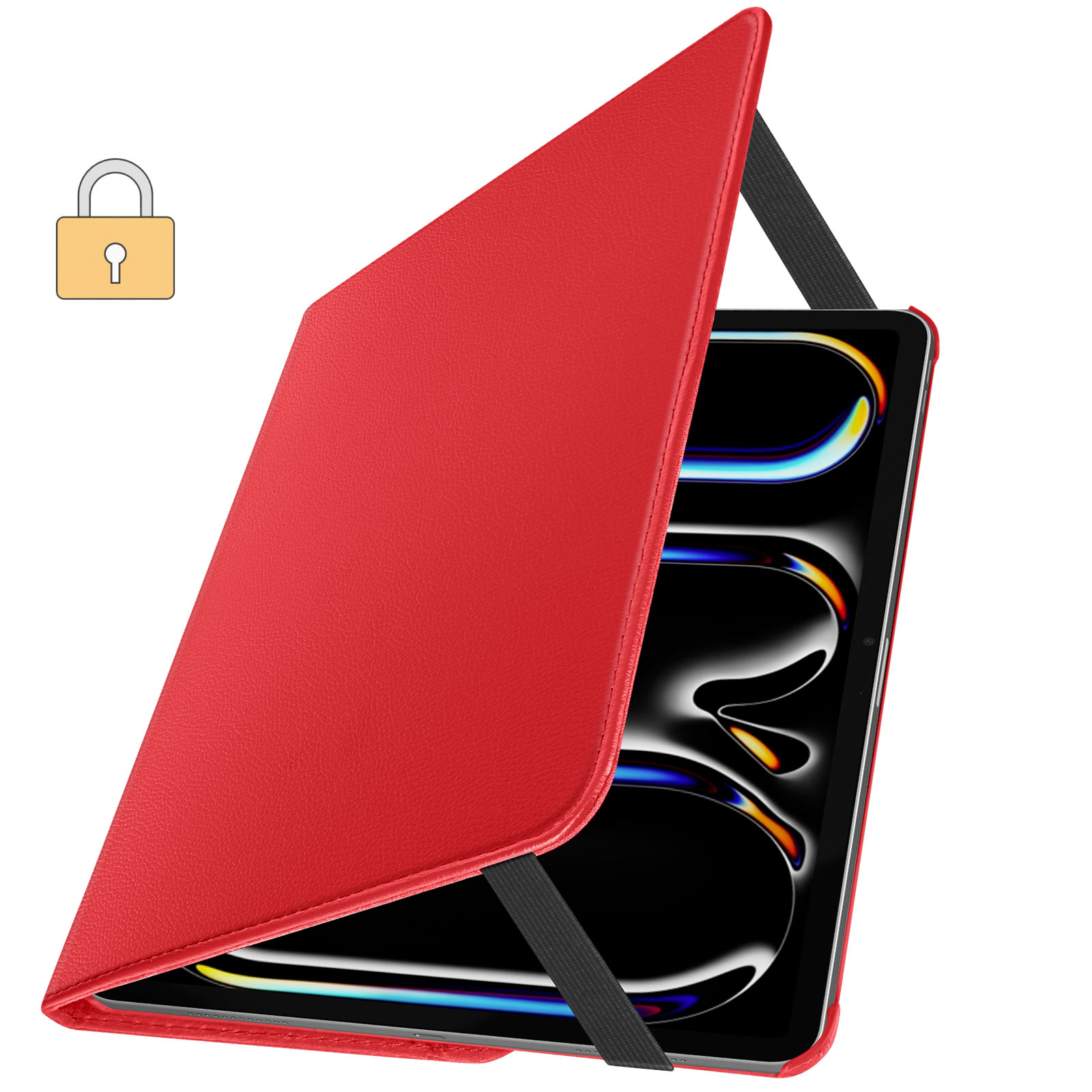 Custodia rossa per tablet, aperta, mostra tablet, cinturino nero, icona lucchetto, sfondo bianco.