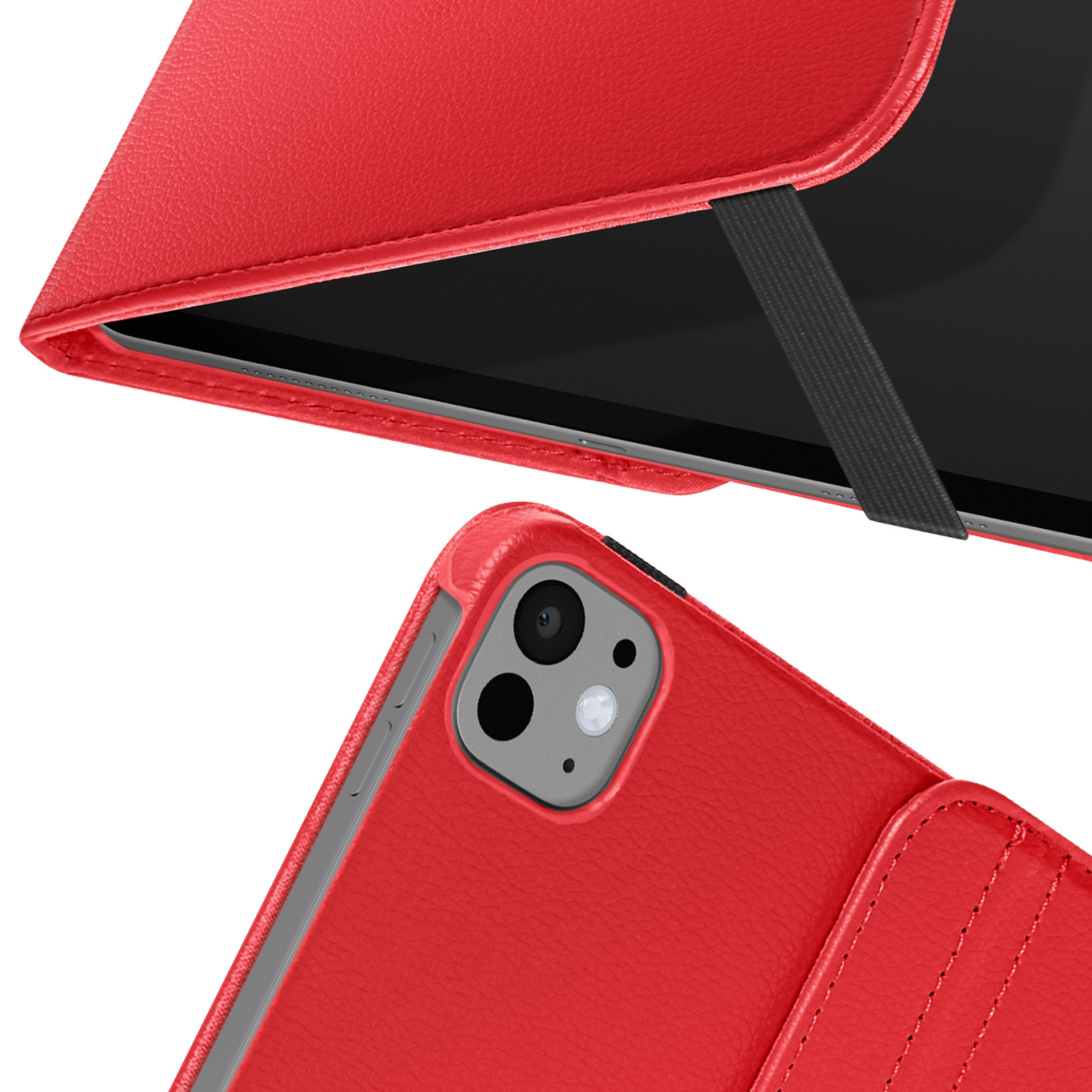 Primo piano di una custodia rossa per tablet con cinturino elastico nero. Dettagli della fotocamera.