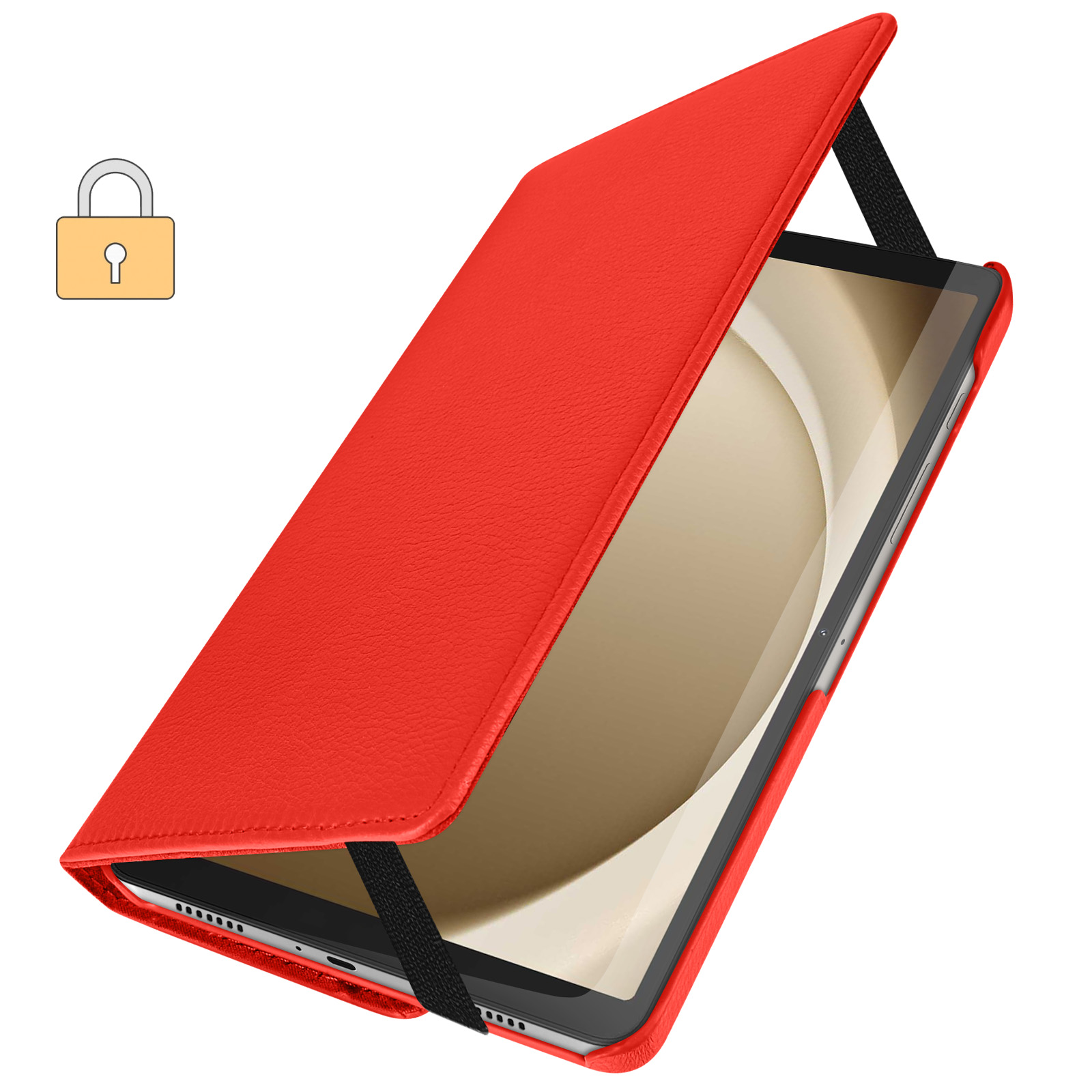 Custodia rossa per tablet con cinturino nero e coperchio aperto con icona lucchetto in alto a sinistra.
