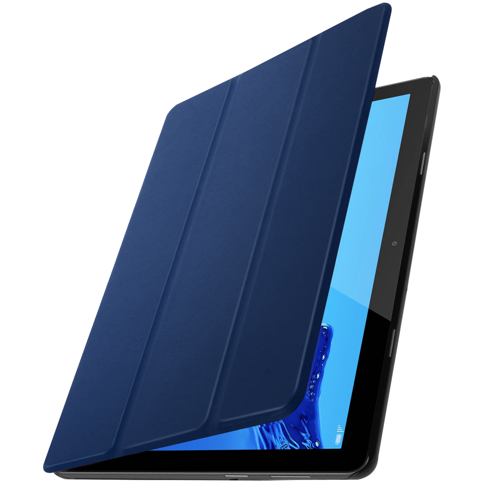 Tablet mit dunkelblauer Hülle, mit sichtbar blauem Bildschirm.