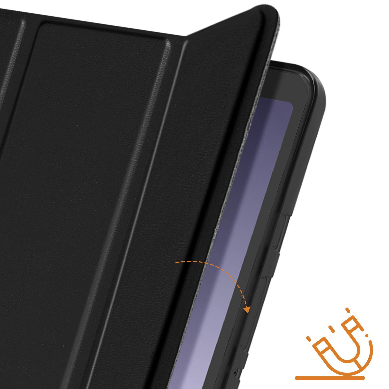 Custodia per tablet nera aperta. Il coperchio viene aperto. Un segno di magnete è visibile.
