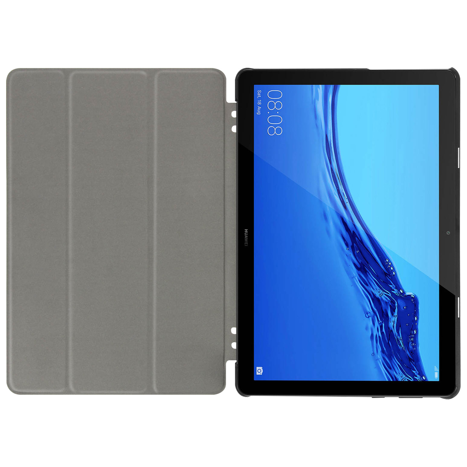 Tablet in grauer Hülle mit offenem Deckel. Der Bildschirm zeigt die Oberfläche.