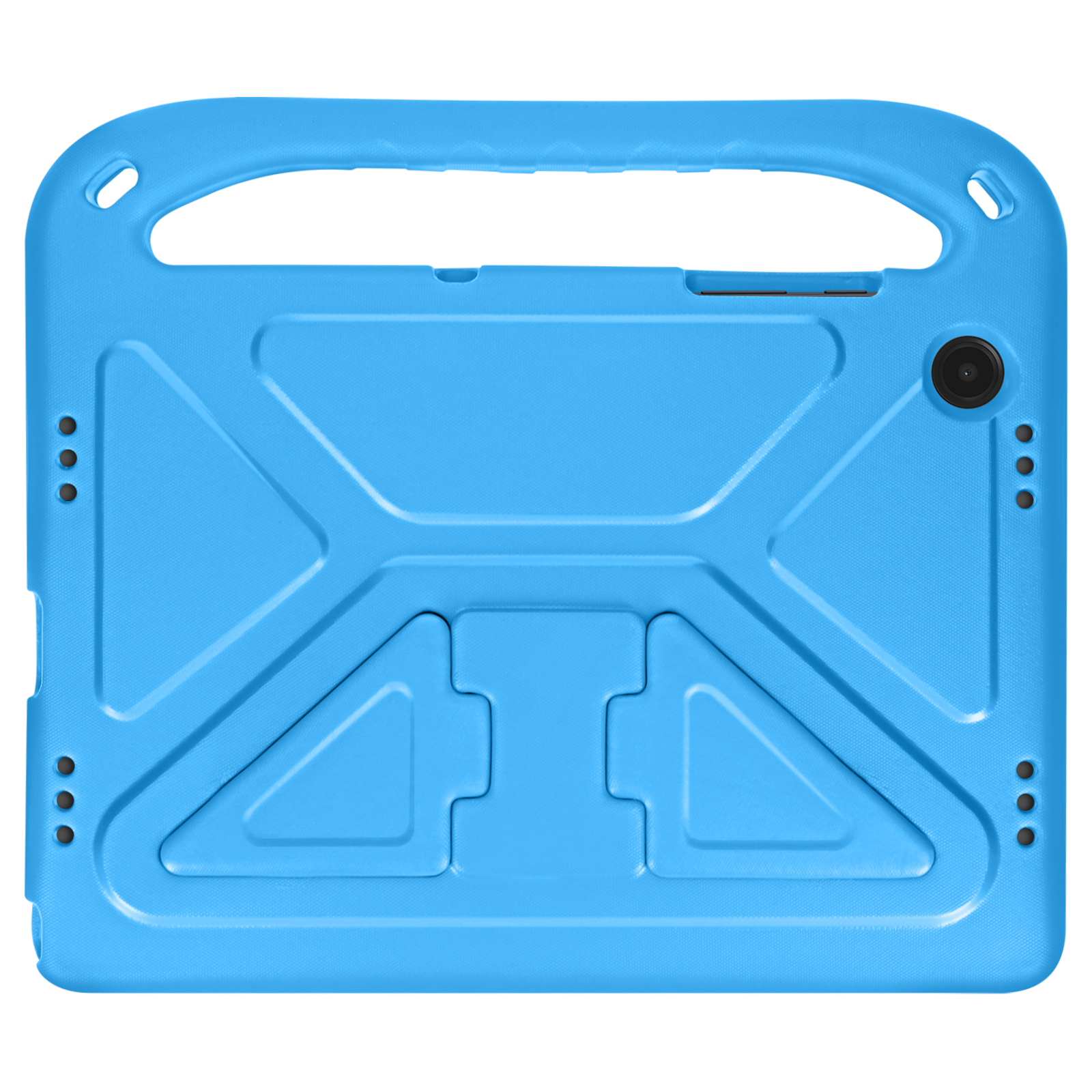 Blaue Tablethülle, Griff, Kamera und Knöpfe, strukturiert, heller Hintergrund.
